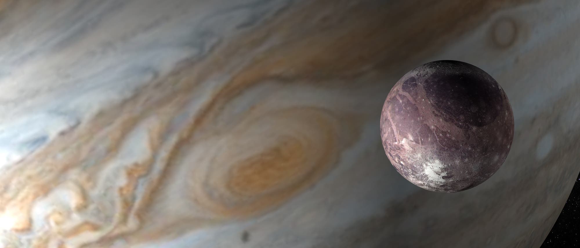 La imagen muestra a un vecino de Júpiter del planeta con su gran punto rojo, una gran tormenta. En primer plano puedes ver una de las lunas de Jupiters que tiene una superficie y un cráter irregular. El fondo está rodeado por el ancho oscuro del espacio. La imagen ilustra la atmósfera dinámica y la diversidad geológica del sistema de Júpiter. La imagen muestra a un vecino de Júpiter del planeta con su gran punto rojo, una gran tormenta. En primer plano puedes ver una de las lunas de Jupiters que tiene una superficie y un cráter irregular. El fondo está rodeado por el ancho oscuro del espacio. La imagen ilustra la atmósfera dinámica y la diversidad geológica del sistema de Júpiter.