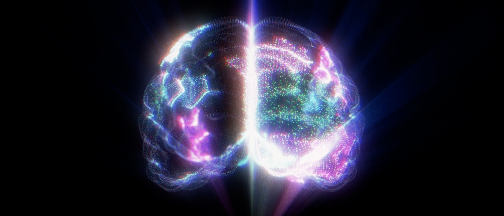 Eine 3D-Darstellung eines Gehirns, das in leuchtenden Farben visualisiert ist. Die Struktur ist in der Mitte durch einen hellen Lichtstrahl geteilt, der die beiden Hemisph&auml;ren trennt. Verschiedene Bereiche des Gehirns sind durch bunte, funkelnde Punkte hervorgehoben, die neuronale Aktivit&auml;t symbolisieren. Der Hintergrund ist dunkel, wodurch die leuchtenden Farben des Gehirns besonders hervortreten. Das Bild soll die halluzinogene Wirkung der psychoaktiven Substanz DMT verdeutlichen, die m&ouml;glicherweise f&uuml;r Nahtoderfahrungen verantwortlich ist.