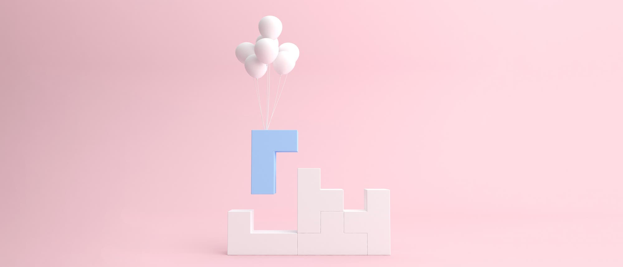 Ein hellblauer, L-förmiger Baustein schwebt über einer Struktur aus weißen, ineinandergreifenden Blöcken. Der blaue Block wird von mehreren weißen Luftballons getragen. Der Hintergrund ist ein sanftes Rosa, das eine ruhige und minimalistische Atmosphäre schafft. Ein hellblauer, L-förmiger Baustein schwebt über einer Struktur aus weißen, ineinandergreifenden Blöcken. Der blaue Block wird von mehreren weißen Luftballons getragen. Der Hintergrund ist ein sanftes Rosa, das eine ruhige und minimalistische Atmosphäre schafft.