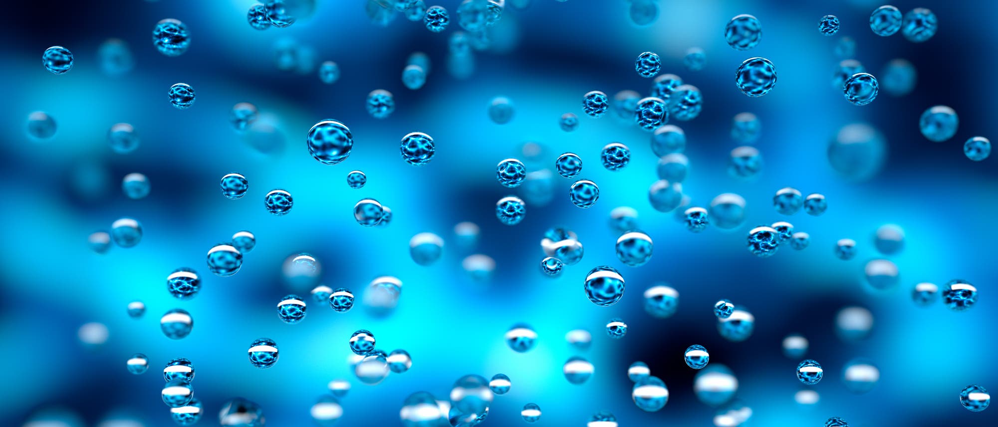 Viele kleine Wassertropfen schweben vor einem verschwommenen, leuchtend blauen Hintergrund. Die Tropfen sind scharf fokussiert und reflektieren das Licht, was ihnen ein glänzendes Aussehen verleiht. Viele kleine Wassertropfen schweben vor einem verschwommenen, leuchtend blauen Hintergrund. Die Tropfen sind scharf fokussiert und reflektieren das Licht, was ihnen ein glänzendes Aussehen verleiht.