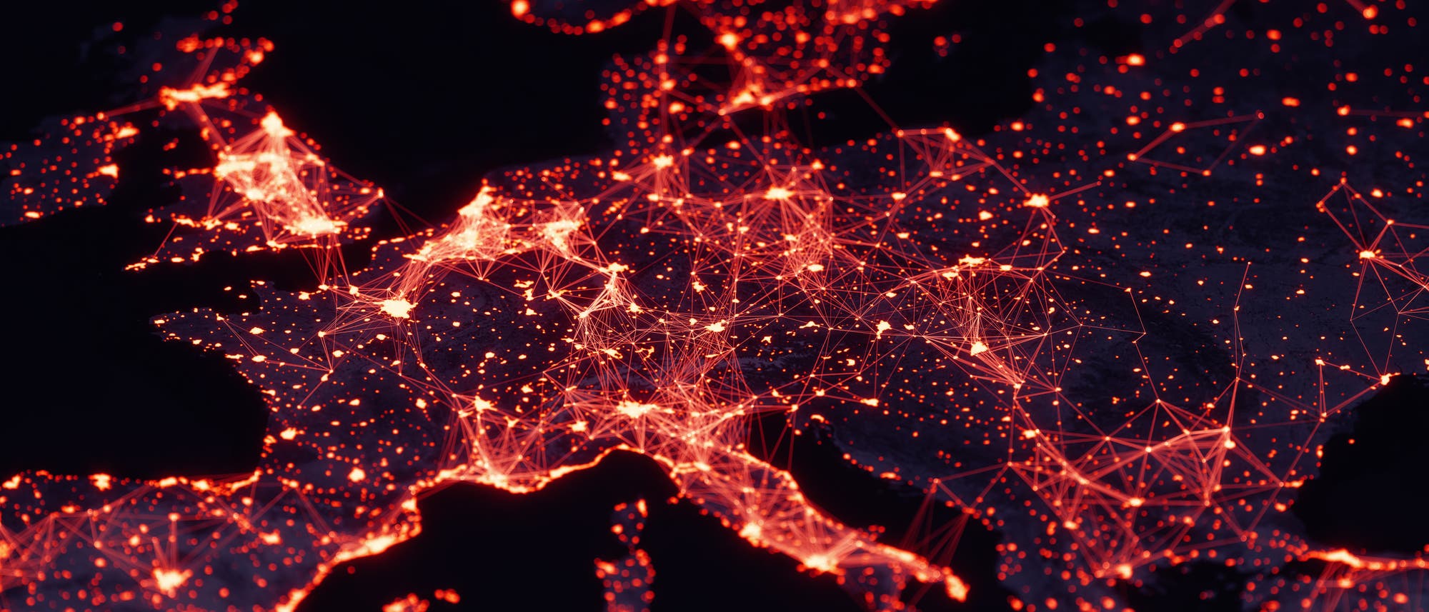 Visualisierung von Städten in Europa: schwarze Landkarte mit leuchtenden Punkten und Verbindungen