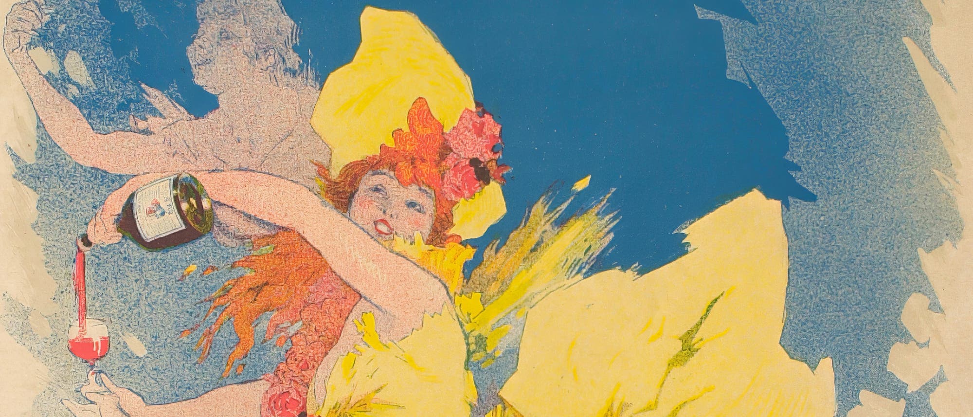 Eine farbenfrohe Illustration zeigt eine fr&ouml;hliche Person in einem gelben Kleid mit roten Blumen im Haar, die eine Flasche Wein h&auml;lt und in ein Glas einschenkt. Der Hintergrund ist in kr&auml;ftigem Blau gehalten, was die dynamische und festliche Stimmung des Bildes unterstreicht. Die Szene vermittelt ein Gef&uuml;hl von Feierlichkeit und Lebensfreude.