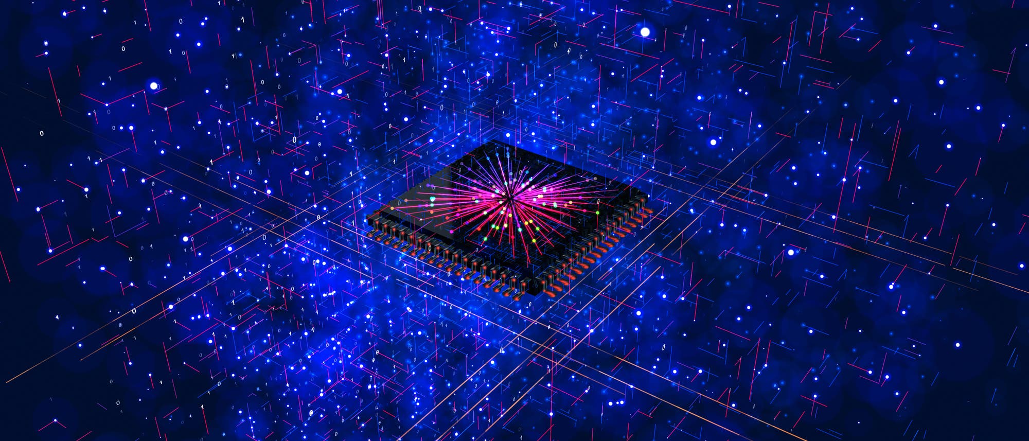 Eine 3D-Darstellung eines Computerchips, der in einem digitalen Netzwerk eingebettet ist. Der Chip ist zentral platziert und von leuchtenden Linien und Punkten umgeben, die Datenströme und Verbindungen symbolisieren. Die Farben Blau, Rot und Pink dominieren die Szene, was auf eine futuristische und technologische Umgebung hinweist. Eine 3D-Darstellung eines Computerchips, der in einem digitalen Netzwerk eingebettet ist. Der Chip ist zentral platziert und von leuchtenden Linien und Punkten umgeben, die Datenströme und Verbindungen symbolisieren. Die Farben Blau, Rot und Pink dominieren die Szene, was auf eine futuristische und technologische Umgebung hinweist.