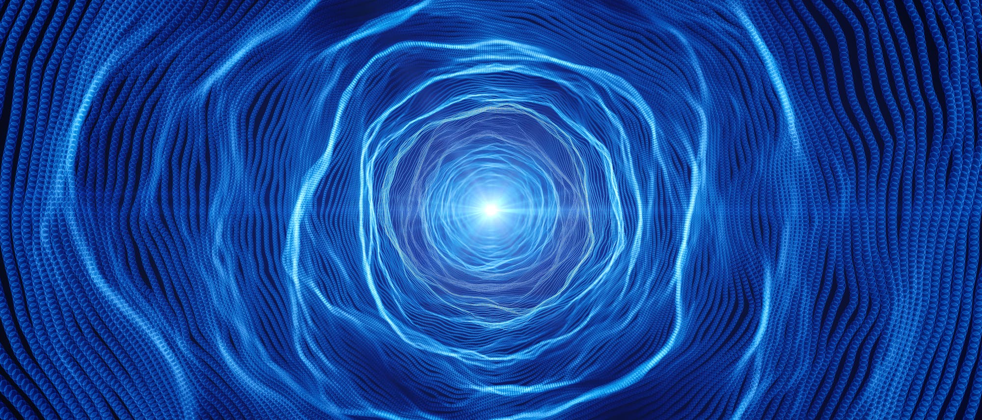 Eine 3-D-Darstellung eines blauen, spiralförmigen Tunnels, der in der Mitte von einem hellen Lichtpunkt erleuchtet wird. Die Struktur des Tunnels besteht aus wellenförmigen Linien, die eine dynamische, fließende Bewegung suggerieren. Die Darstellung vermittelt ein Gefühl von Tiefe und Bewegung, als ob man in den Tunnel hineingezogen würde. Eine 3-D-Darstellung eines blauen, spiralförmigen Tunnels, der in der Mitte von einem hellen Lichtpunkt erleuchtet wird. Die Struktur des Tunnels besteht aus wellenförmigen Linien, die eine dynamische, fließende Bewegung suggerieren. Die Darstellung vermittelt ein Gefühl von Tiefe und Bewegung, als ob man in den Tunnel hineingezogen würde.