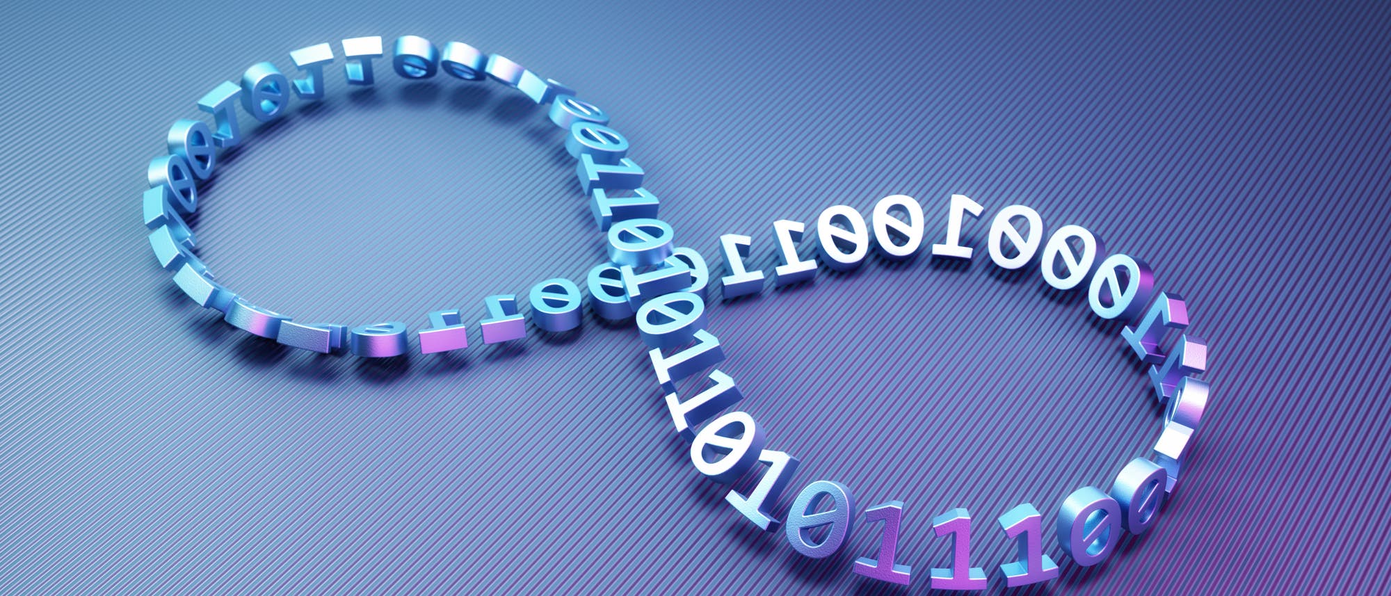Eine 3D-Darstellung einer M&ouml;biusschleife, die aus einer Kette von bin&auml;ren Zahlen besteht. Die Zahlen sind in einer Schleifenform angeordnet, die eine unendliche Schleife symbolisiert. Der Hintergrund ist in Blaut&ouml;nen gehalten, was einen futuristischen und technologischen Eindruck vermittelt.