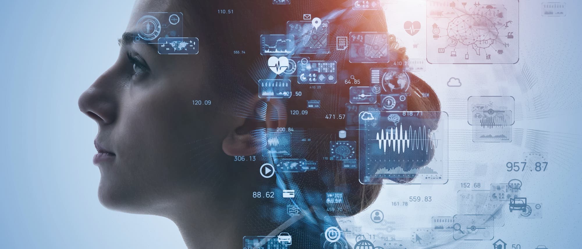 Eine Frau im Profil, umgeben von digitalen Symbolen und Datenvisualisierungen, die Konzepte wie Technologie, Vernetzung und Datenanalyse darstellen. Die Symbole umfassen Diagramme, Grafiken und Zahlen, die auf digitale Kommunikation und Informationsverarbeitung hinweisen. Ein heller Lichtschein im Hintergrund verstärkt den futuristischen Eindruck. Eine Frau im Profil, umgeben von digitalen Symbolen und Datenvisualisierungen, die Konzepte wie Technologie, Vernetzung und Datenanalyse darstellen. Die Symbole umfassen Diagramme, Grafiken und Zahlen, die auf digitale Kommunikation und Informationsverarbeitung hinweisen. Ein heller Lichtschein im Hintergrund verstärkt den futuristischen Eindruck.