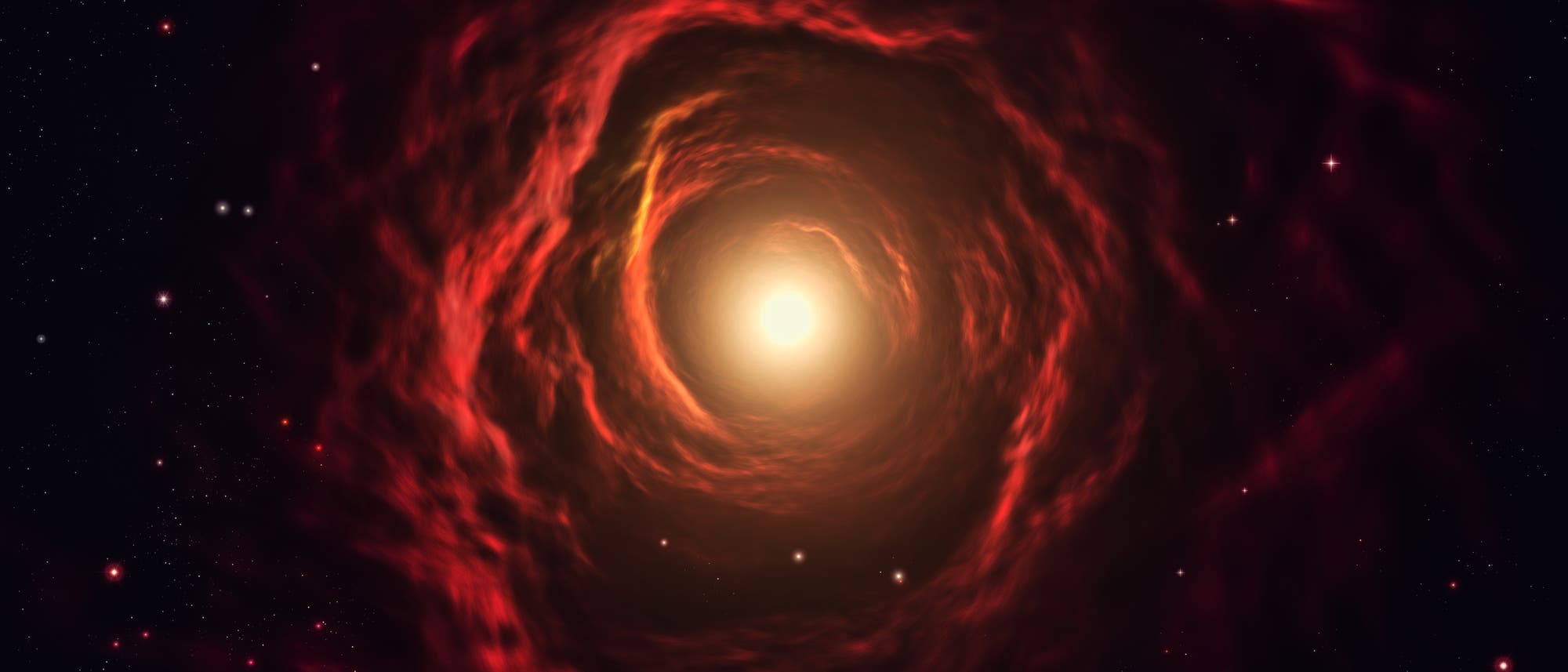 Ein leuchtender, spiralförmiger Nebel in Rot- und Orangetönen, der sich um einen hellen, zentralen Lichtpunkt im Weltraum windet. Umgeben von einem dunklen Hintergrund mit verstreuten, funkelnden Sternen. Keine Menschen oder Text im Bild.