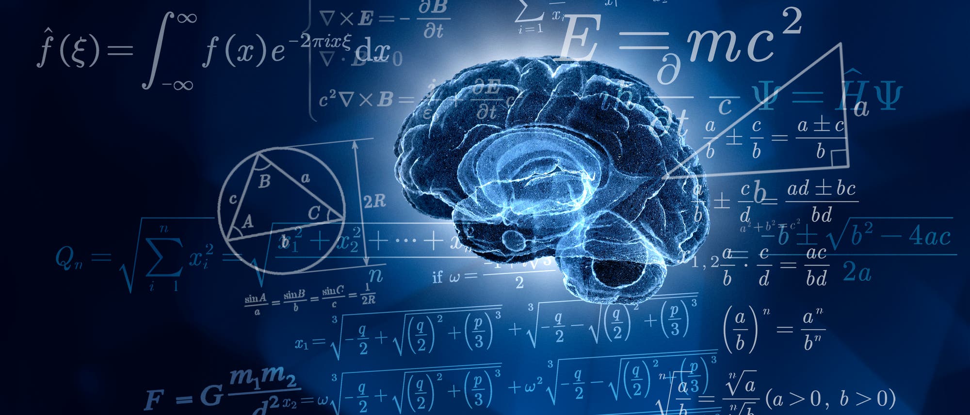 Eine wissenschaftliche Abbildung zeigt ein Gehirn, umgeben von verschiedenen mathematischen Formeln und Notationen. Zu den Formeln gehören Integrale, Summen und die berühmte Gleichung E = mc^2. Die Darstellung kombiniert mathematische Konzepte mit neurologischen Themen, um die Verbindung zwischen Mathematik und Gehirnfunktion zu verdeutlichen. Die Formeln sind in weißer Schrift auf einem blauen Hintergrund dargestellt, was einen wissenschaftlichen und technologischen Eindruck vermittelt. Eine wissenschaftliche Abbildung zeigt ein Gehirn, umgeben von verschiedenen mathematischen Formeln und Notationen. Zu den Formeln gehören Integrale, Summen und die berühmte Gleichung E = mc^2. Die Darstellung kombiniert mathematische Konzepte mit neurologischen Themen, um die Verbindung zwischen Mathematik und Gehirnfunktion zu verdeutlichen. Die Formeln sind in weißer Schrift auf einem blauen Hintergrund dargestellt, was einen wissenschaftlichen und technologischen Eindruck vermittelt.