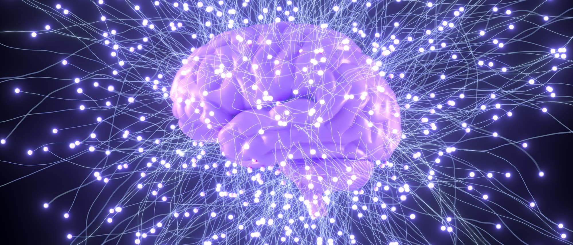 Eine lilafarbene Darstellung eines Gehirns, umgeben von einem Netzwerk aus leuchtenden, weißen Linien, die neuronale Verbindungen symbolisieren. Der Hintergrund ist dunkel, wodurch die leuchtenden Linien hervorgehoben werden. Dieses Bild vermittelt den Eindruck von Gehirnaktivität und neuronaler Vernetzung.