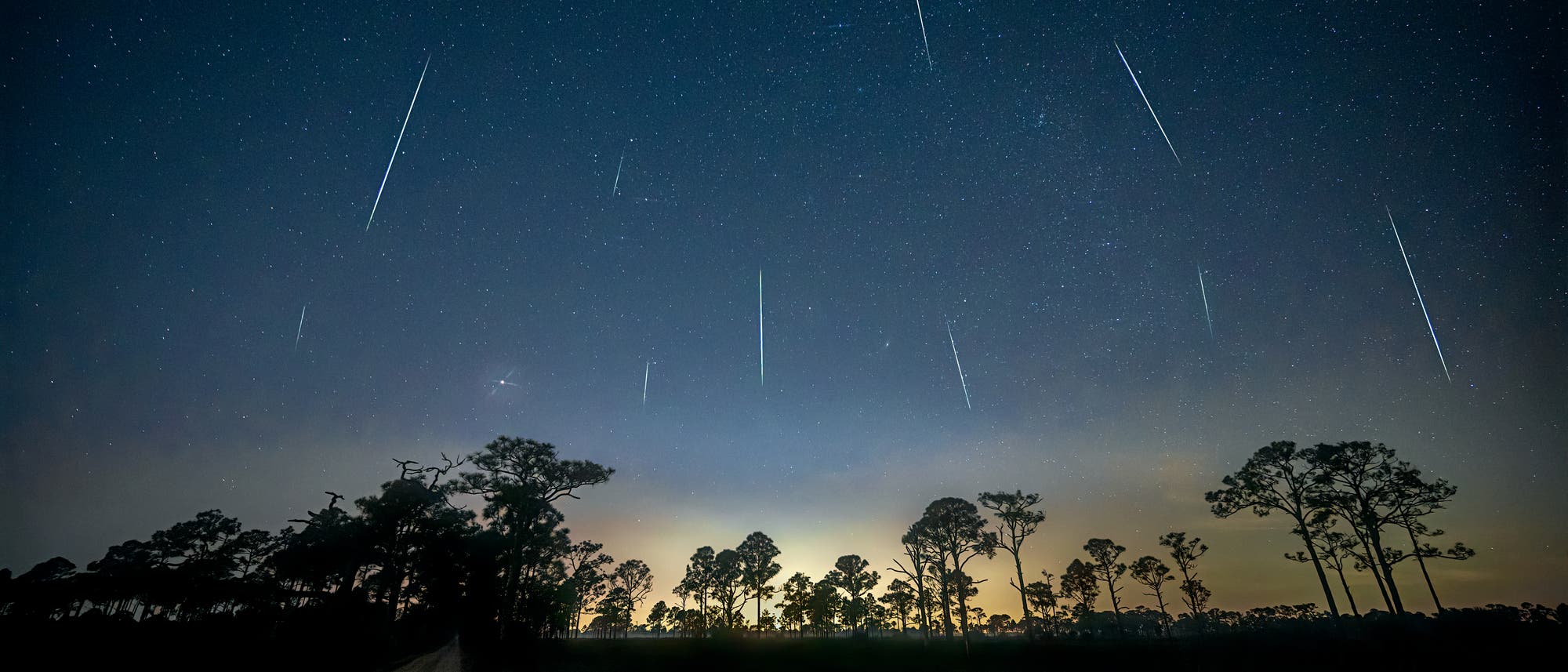 Eine nächtliche Landschaft mit einem klaren Sternenhimmel, durchzogen von mehreren Meteoren, die als helle Streifen sichtbar sind. Im Vordergrund sind Silhouetten von Bäumen und ein ruhiger Wasserlauf zu sehen, der das Licht des Himmels reflektiert. Der Horizont zeigt einen schwachen Lichtschein, der möglicherweise von einer Stadt oder dem Sonnenuntergang stammt.