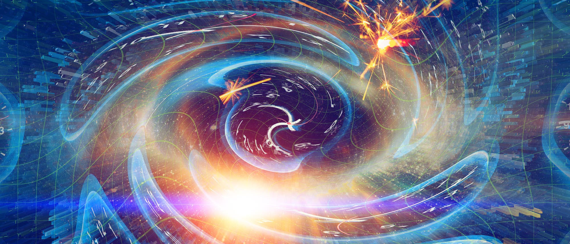 Eine abstrakte k&uuml;nstlerische Darstellung, die das Konzept von Zeit und Raum visualisiert. Spiralf&ouml;rmige Muster und leuchtende Farben symbolisieren Bewegung und Energie. Eingebettete Uhren und Zahlen verst&auml;rken das Thema der Zeit. Die Komposition vermittelt Dynamik und Komplexit&auml;t, w&auml;hrend Lichtstrahlen und geometrische Formen eine futuristische Atmosph&auml;re schaffen.