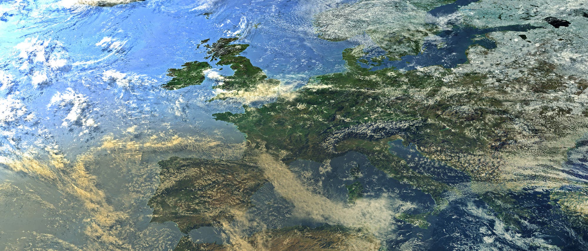 Eine Illustration, die an ein Satellitenbild von Europa erinnert, das Großbritannien, Frankreich, Deutschland und Teile von Skandinavien zeigt. Wolkenformationen sind über dem Kontinent sichtbar. Eine Illustration, die an ein Satellitenbild von Europa erinnert, das Großbritannien, Frankreich, Deutschland und Teile von Skandinavien zeigt. Wolkenformationen sind über dem Kontinent sichtbar.