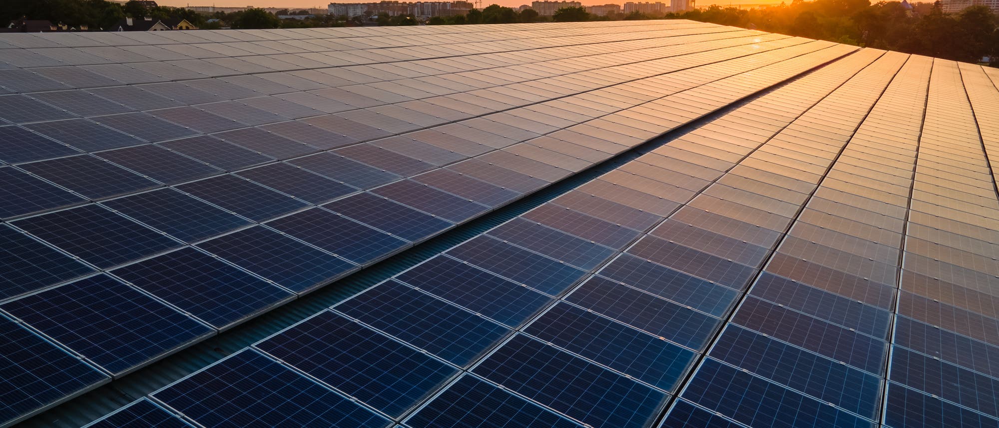 Eine gro&szlig;e Fl&auml;che von Solarpaneelen erstreckt sich bis zum Horizont, w&auml;hrend die Sonne am Himmel untergeht. Die Paneele reflektieren das warme Licht des Sonnenuntergangs. Im Hintergrund sind B&auml;ume und Geb&auml;ude zu sehen. 