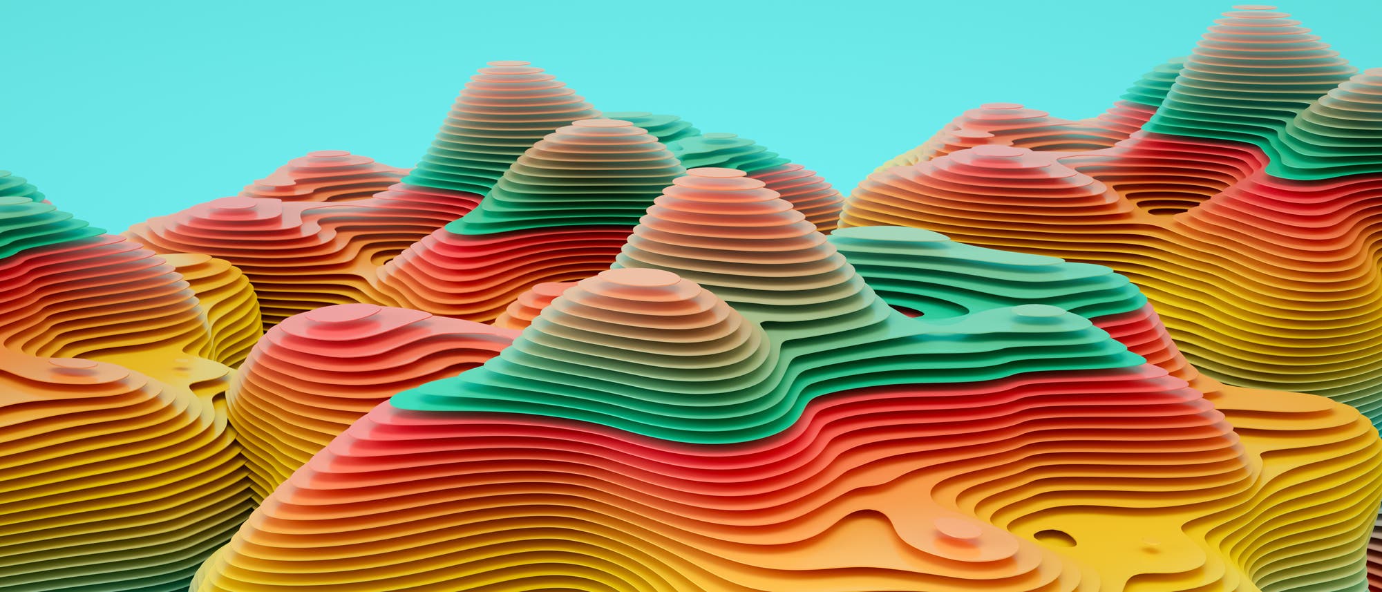 Ein abstraktes 3-D-Bild zeigt eine Landschaft aus geschichteten, wellenförmigen Formen, die an bunte Hügel erinnern. Die Schichten sind in lebhaften Farben wie Rot, Orange, Gelb, Grün und Blau gehalten und erzeugen einen dynamischen topografischen Effekt. Der Hintergrund ist ein helles Türkis, das einen starken Kontrast zu den intensiven Farben der Schichten bildet. Ein abstraktes 3-D-Bild zeigt eine Landschaft aus geschichteten, wellenförmigen Formen, die an bunte Hügel erinnern. Die Schichten sind in lebhaften Farben wie Rot, Orange, Gelb, Grün und Blau gehalten und erzeugen einen dynamischen topografischen Effekt. Der Hintergrund ist ein helles Türkis, das einen starken Kontrast zu den intensiven Farben der Schichten bildet.