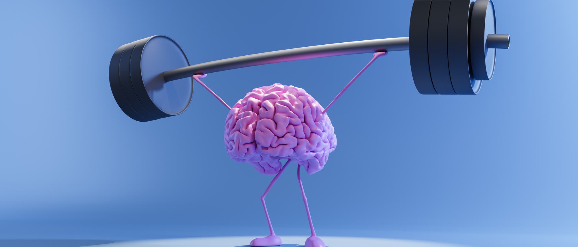 Eine 3D-Darstellung eines Gehirns mit Armen und Beinen, das eine Hantel hebt. Die Szene ist in Blaut&ouml;nen gehalten, und das Gehirn steht im Mittelpunkt, umgeben von einem weichen Licht, das einen Schatten auf den Boden wirft. Die Hantel hat mehrere Gewichtsscheiben auf beiden Seiten.