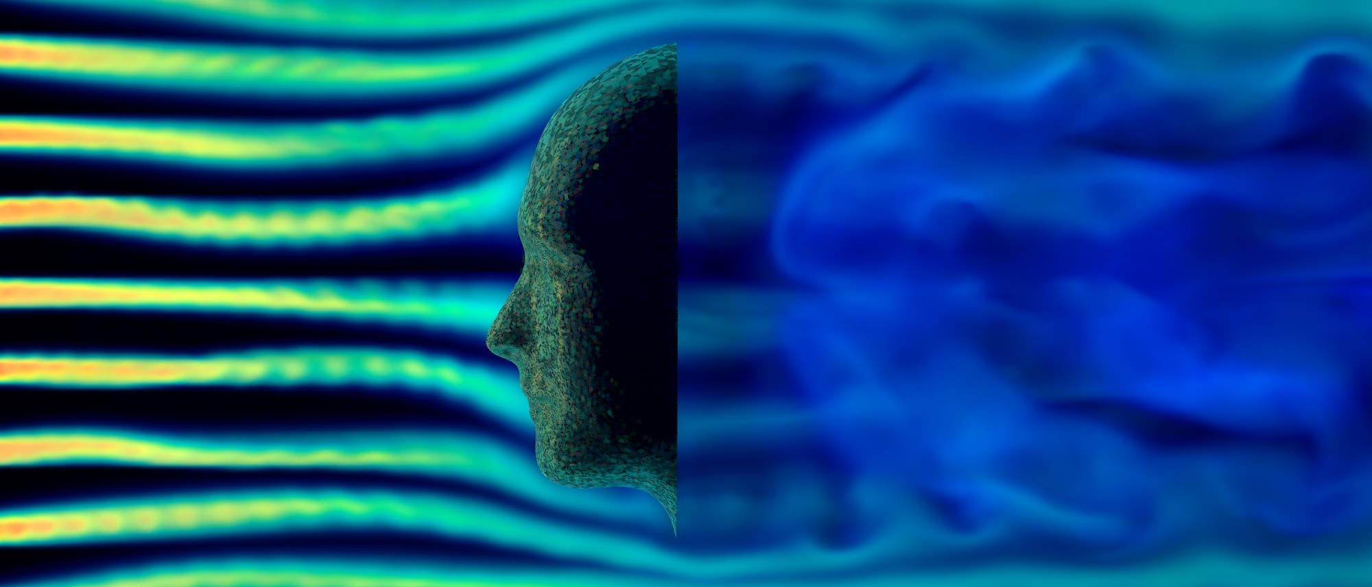 Eine Konturenkarte zeigt den Luftstrom um ein Profil. Links flie&szlig;en gleichm&auml;&szlig;ige, parallel verlaufende Linien in Gr&uuml;n- und Gelbt&ouml;nen, die den ungest&ouml;rten Luftstrom darstellen. Rechts wird der Luftstrom durch das Profil gest&ouml;rt, was zu Wirbeln und Turbulenzen in Blaut&ouml;nen f&uuml;hrt. Die Abbildung veranschaulicht die aerodynamischen Effekte eines Objekts im Luftstrom.