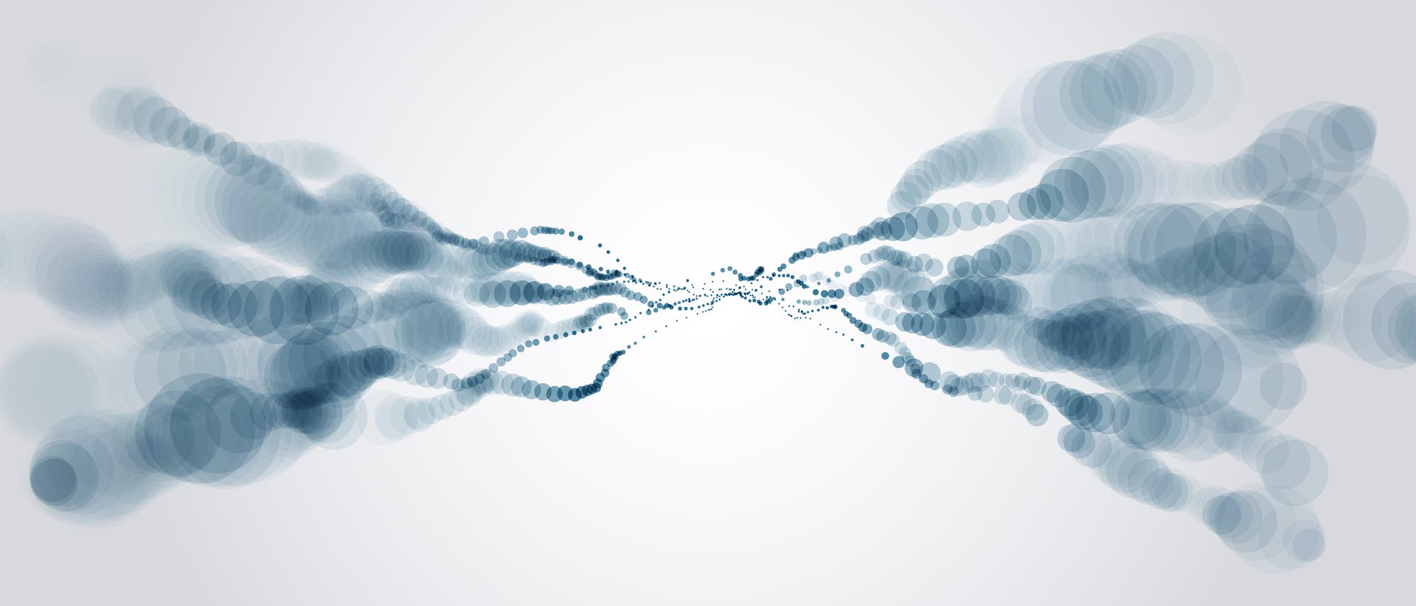 Ein Blasendiagramm zeigt eine dynamische Anordnung von blauen Kreisen, die sich von beiden Seiten des Bildes zur Mitte hin verjüngen. Die Kreise variieren in Größe und Transparenz, was einen fließenden, wellenartigen Effekt erzeugt. Dieses Diagramm könnte verwendet werden, um Datenströme oder Verbindungen zwischen zwei Punkten zu visualisieren. Der Hintergrund ist hellgrau, was den Kontrast zu den blauen Kreisen verstärkt. Ein Blasendiagramm zeigt eine dynamische Anordnung von blauen Kreisen, die sich von beiden Seiten des Bildes zur Mitte hin verjüngen. Die Kreise variieren in Größe und Transparenz, was einen fließenden, wellenartigen Effekt erzeugt. Dieses Diagramm könnte verwendet werden, um Datenströme oder Verbindungen zwischen zwei Punkten zu visualisieren. Der Hintergrund ist hellgrau, was den Kontrast zu den blauen Kreisen verstärkt.