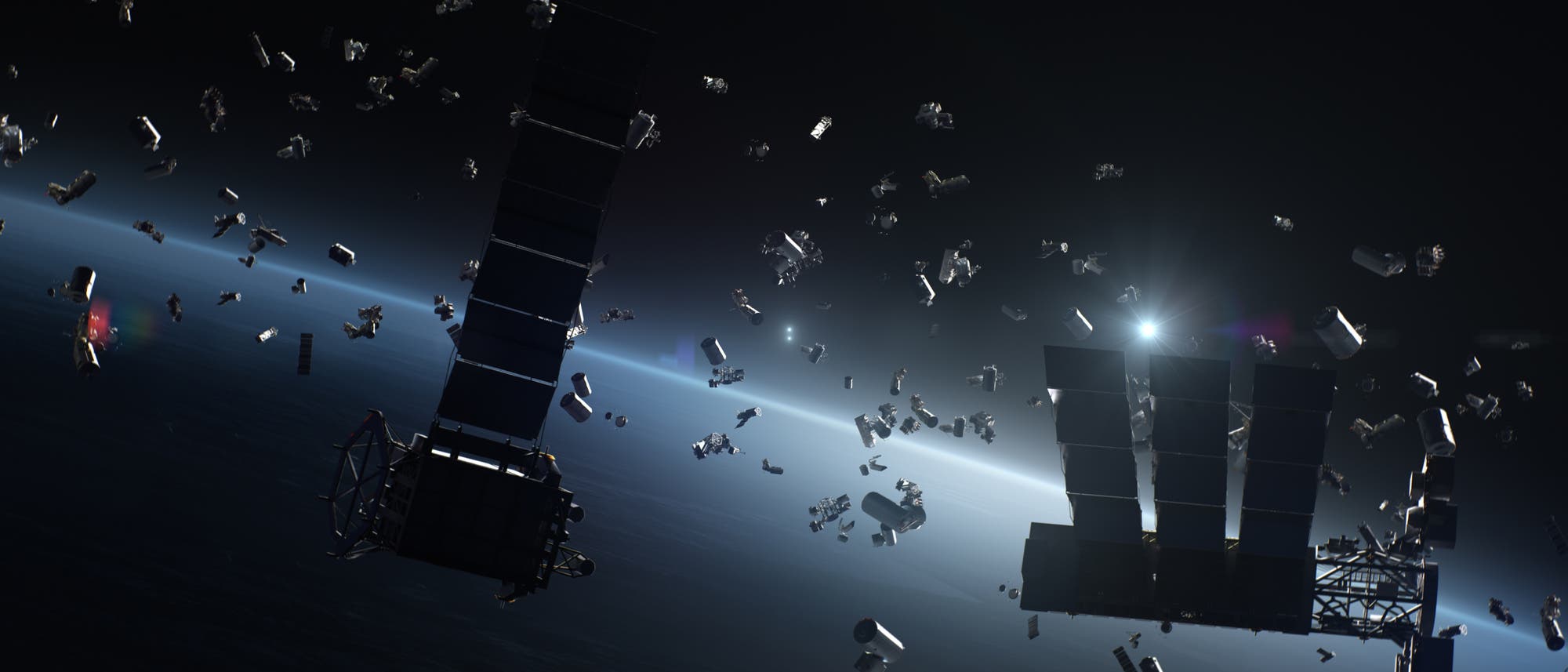 Eine Darstellung von Weltraumschrott, der die Erde umkreist. Im Vordergrund sind mehrere Satelliten und Trümmerteile zu sehen, die vor dem Hintergrund der Erdatmosphäre schweben. Die Szene wird von einem fernen Lichtpunkt beleuchtet, der die Objekte in ein schwaches Licht taucht. Das Bild veranschaulicht das Problem der zunehmenden Menge an Weltraummüll im Orbit. Schlüsselwörter: Weltraumschrott, Satelliten, Erdatmosphäre, Orbit. Eine Darstellung von Weltraumschrott, der die Erde umkreist. Im Vordergrund sind mehrere Satelliten und Trümmerteile zu sehen, die vor dem Hintergrund der Erdatmosphäre schweben. Die Szene wird von einem fernen Lichtpunkt beleuchtet, der die Objekte in ein schwaches Licht taucht. Das Bild veranschaulicht das Problem der zunehmenden Menge an Weltraummüll im Orbit. Schlüsselwörter: Weltraumschrott, Satelliten, Erdatmosphäre, Orbit.