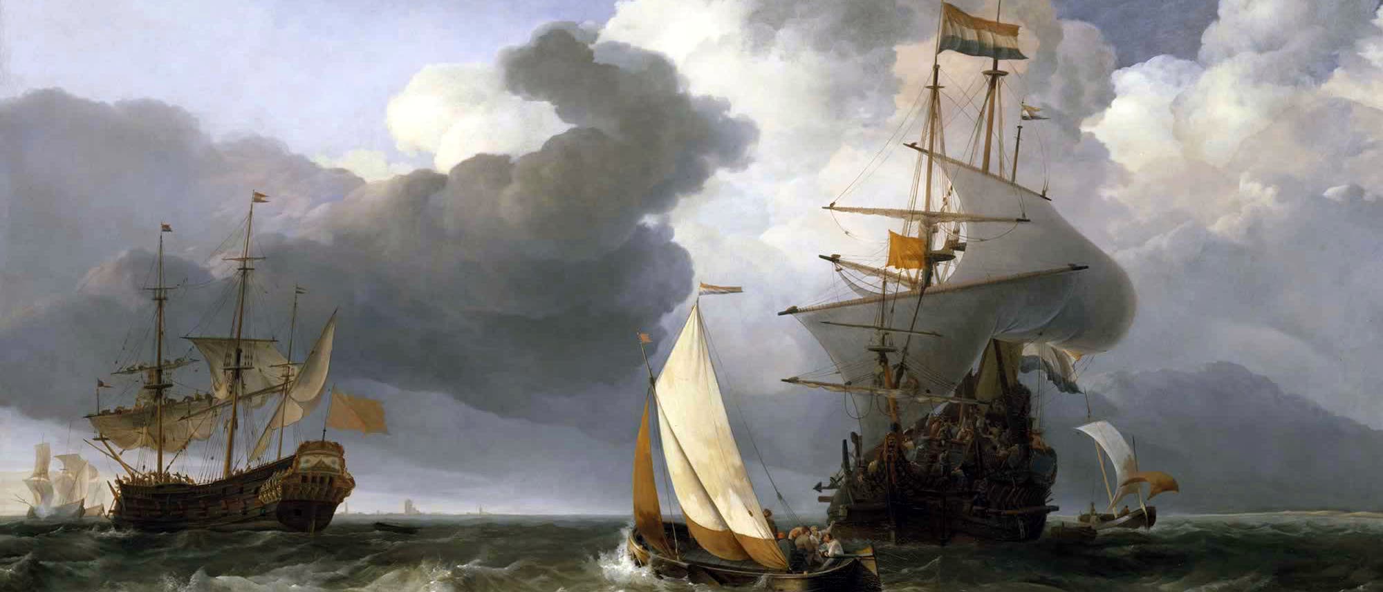 Ein dramatisches Seestück zeigt mehrere Segelschiffe auf einem stürmischen Meer unter einem bewölkten Himmel. Die Schiffe sind mit vollen Segeln unterwegs, während Wellen gegen die Rümpfe schlagen. Im Vordergrund ist ein kleines Boot zu sehen, das zwischen den größeren Schiffen manövriert. Die Wolkenformationen im Hintergrund verleihen der Szene eine dynamische und bedrohliche Atmosphäre. Ein dramatisches Seestück zeigt mehrere Segelschiffe auf einem stürmischen Meer unter einem bewölkten Himmel. Die Schiffe sind mit vollen Segeln unterwegs, während Wellen gegen die Rümpfe schlagen. Im Vordergrund ist ein kleines Boot zu sehen, das zwischen den größeren Schiffen manövriert. Die Wolkenformationen im Hintergrund verleihen der Szene eine dynamische und bedrohliche Atmosphäre.