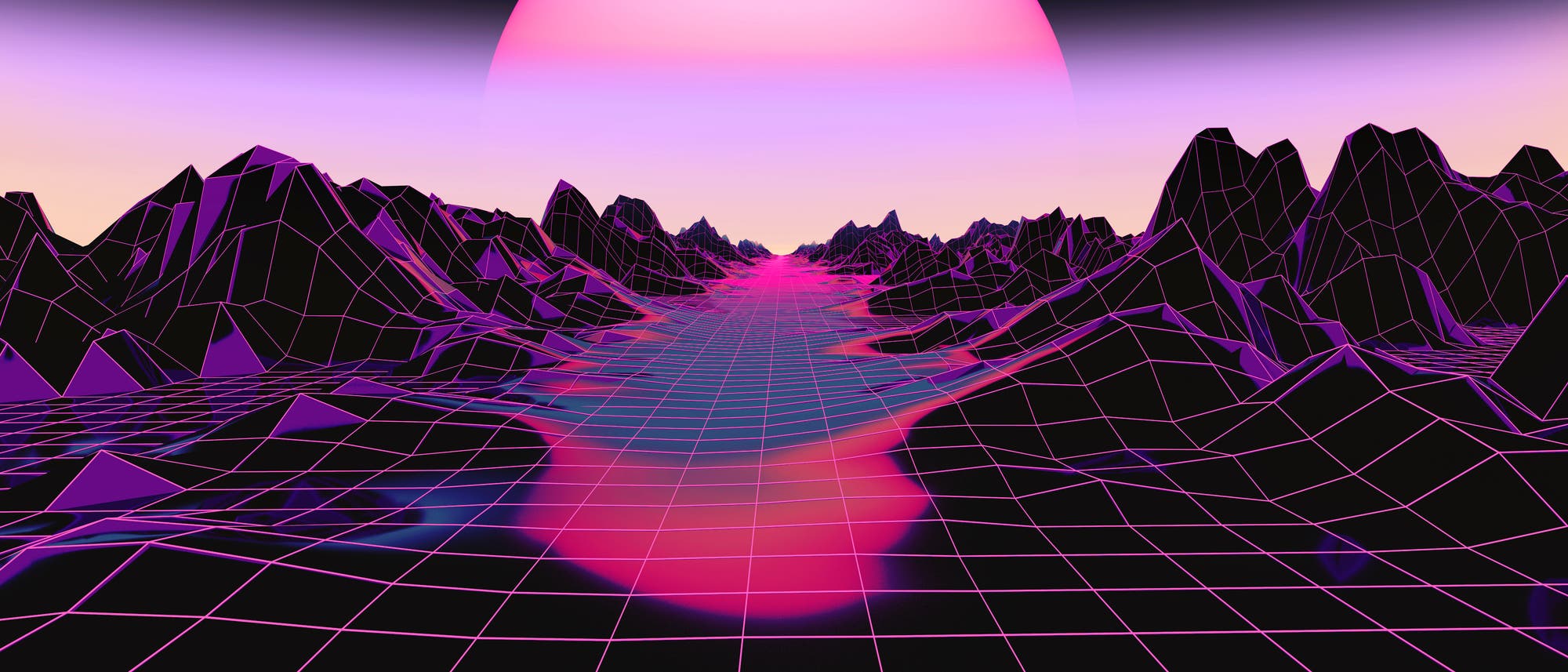 Eine 3D-Darstellung einer futuristischen Landschaft mit einem Rastermuster, das sich über den Boden erstreckt. Im Hintergrund erhebt sich eine große, pinkfarbene Sonne über einem Horizont aus stilisierten Bergen. Die Szene ist in lebhaften Neonfarben gehalten, die einen Retro-Computergrafik-Stil hervorrufen.