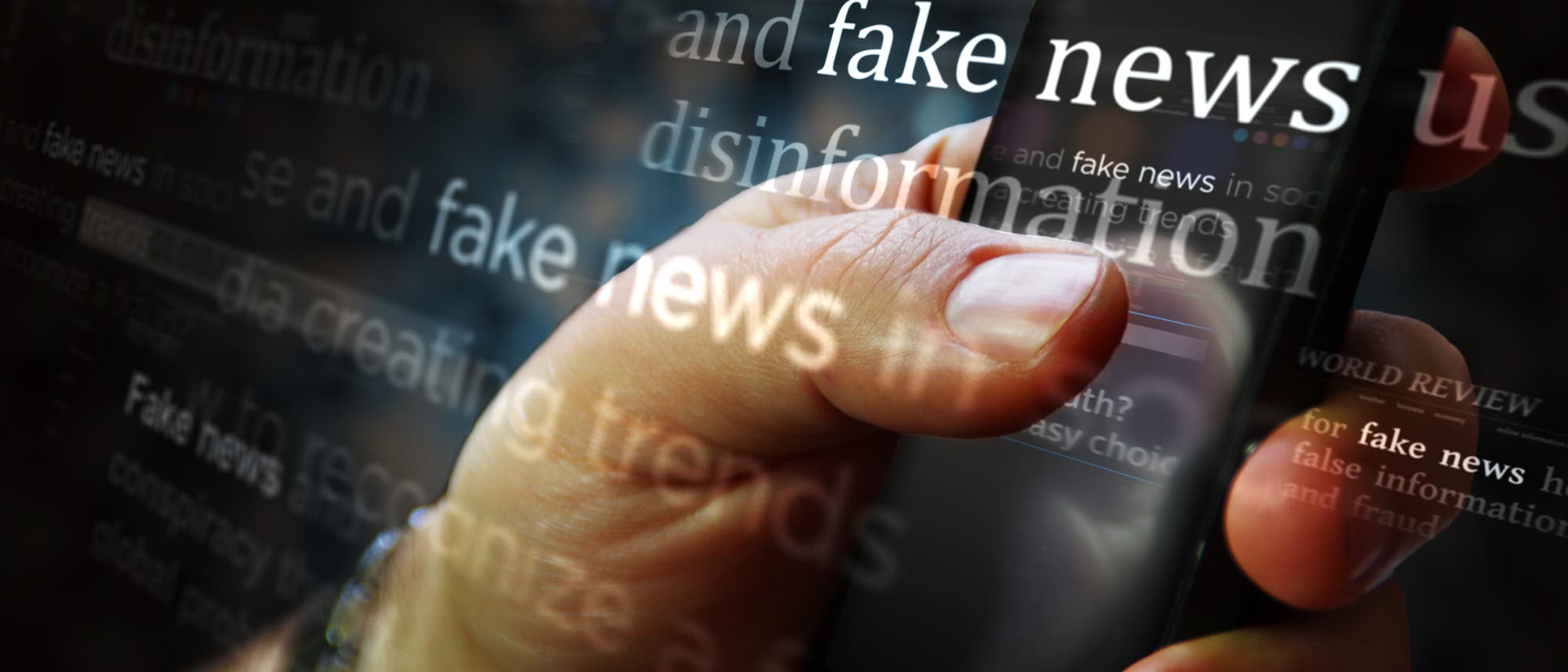 Ein Bildschirmfenster, auf dem Begriffe wie "Fake News" erscheinen