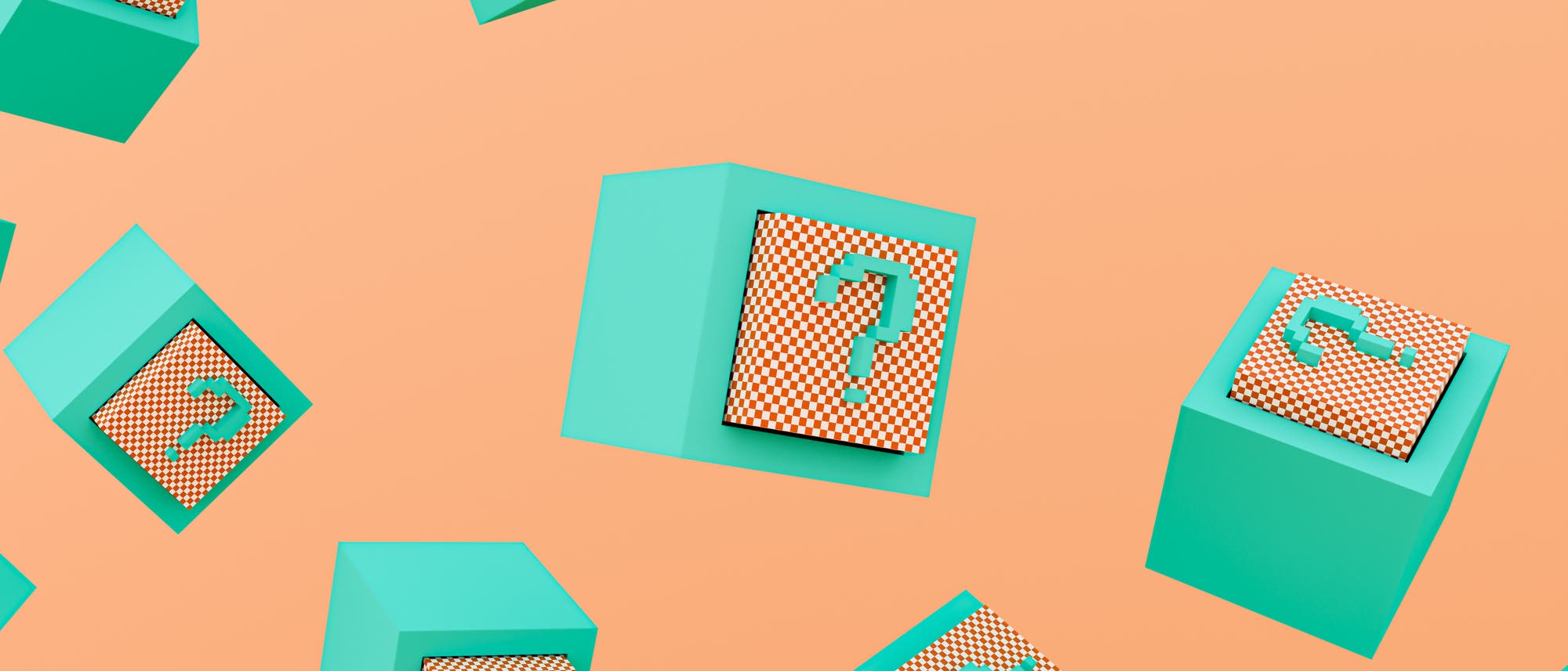 3D-Darstellung von schwebenden, türkisfarbenen Würfeln auf einem orangefarbenen Hintergrund. Jeder Würfel zeigt ein Fragezeichen auf einer karierten Fläche. Die Anordnung der Würfel vermittelt einen Eindruck von Tiefe und Bewegung. 3D-Darstellung von schwebenden, türkisfarbenen Würfeln auf einem orangefarbenen Hintergrund. Jeder Würfel zeigt ein Fragezeichen auf einer karierten Fläche. Die Anordnung der Würfel vermittelt einen Eindruck von Tiefe und Bewegung.