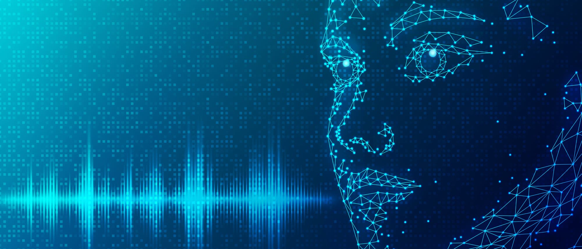 Digitale Kunstillustration eines stilisierten menschlichen Gesichts, das aus blauen, leuchtenden Linien und Punkten besteht. Das Gesicht ist rechts im Bild zu sehen und blickt nach links. Links im Bild ist eine wellenf&ouml;rmige Darstellung von Schallwellen in &auml;hnlichen Blaut&ouml;nen zu sehen, die auf die Verbindung zwischen Technologie und Kommunikation hinweist. Der Hintergrund ist dunkelblau mit einem Muster aus kleinen Quadraten, das einen digitalen oder technologischen Kontext suggeriert.