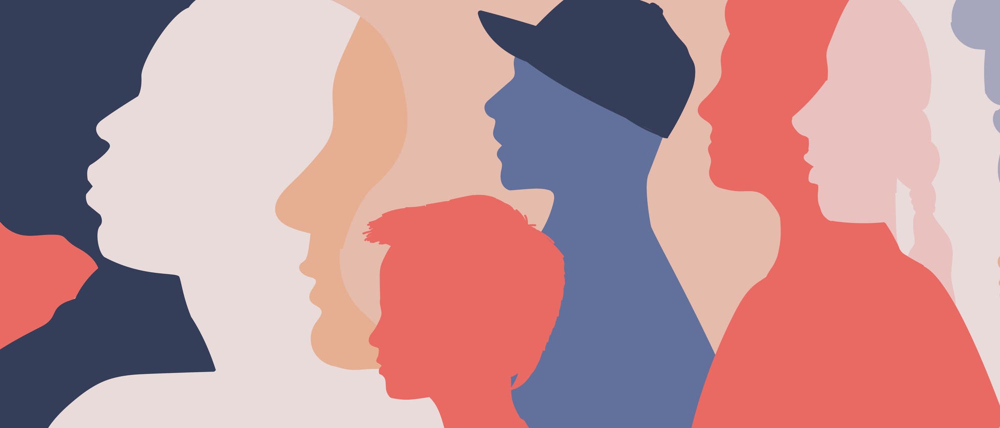Die Illustration zeigt verschiedenfarbige Silhouetten von Profilansichten mehrerer Menschen.