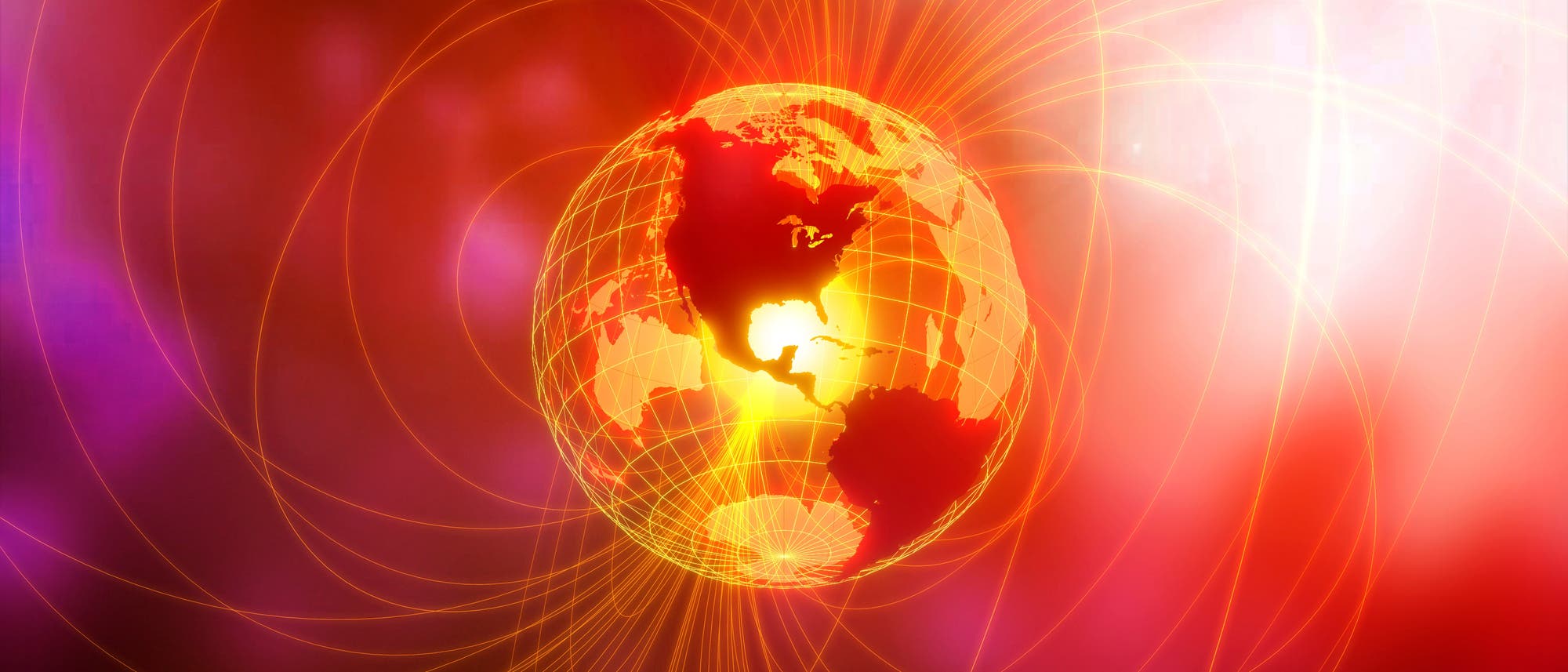 Eine leuchtende, halb transparente Darstellung der Erde mit Nord- und Südamerika im Vordergrund, umgeben von orangefarbenen Linien, die magnetische Felder symbolisieren. Das Magnetfeld geht von einem leuchtenden Kern in der Erdmitte aus. Eine leuchtende, halb transparente Darstellung der Erde mit Nord- und Südamerika im Vordergrund, umgeben von orangefarbenen Linien, die magnetische Felder symbolisieren. Das Magnetfeld geht von einem leuchtenden Kern in der Erdmitte aus.