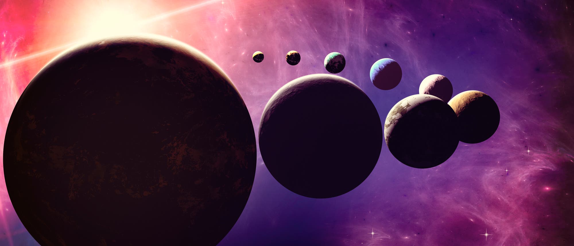 Una representación artística del sistema solar con múltiples planetas dispuestos en línea sobre un fondo brillante de estrellas y nebulosas. Los planetas varían en tamaño y color, mientras que al fondo se puede ver un brillante haz de luz que va desde arriba a la izquierda hasta abajo a la derecha. La habitación está decorada en tonos violeta y rosa, creando una atmósfera mística. Una representación artística del sistema solar con múltiples planetas dispuestos en línea sobre un fondo brillante de estrellas y nebulosas. Los planetas varían en tamaño y color, mientras que al fondo se puede ver un brillante haz de luz que va desde arriba a la izquierda hasta abajo a la derecha. La habitación está decorada en tonos violeta y rosa, creando una atmósfera mística.