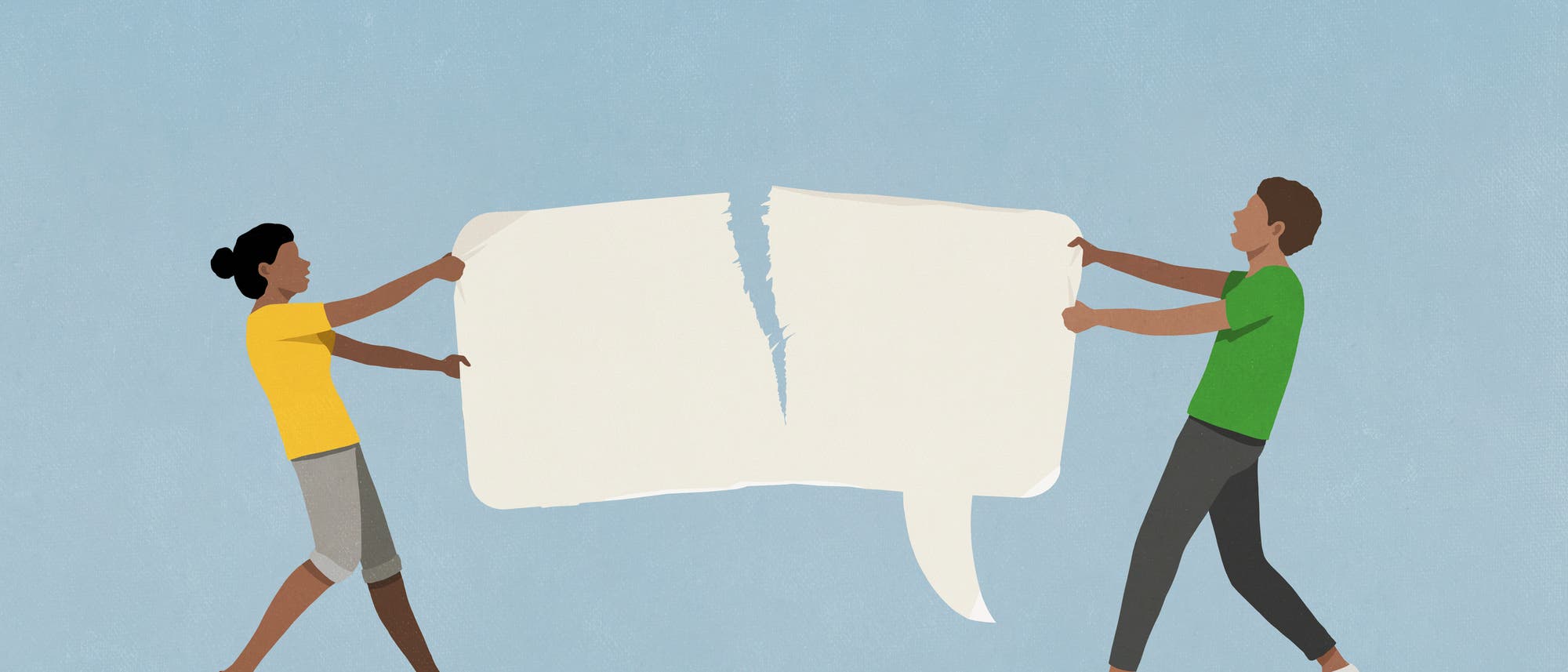 Zwei Personen stehen sich gegen&uuml;ber und halten jeweils eine H&auml;lfte einer zerrissenen Sprechblase. Die linke Person tr&auml;gt ein gelbes Oberteil und die rechte ein gr&uuml;nes. Der Hintergrund ist blau. Die Szene symbolisiert m&ouml;glicherweise Kommunikation oder Konflikt.