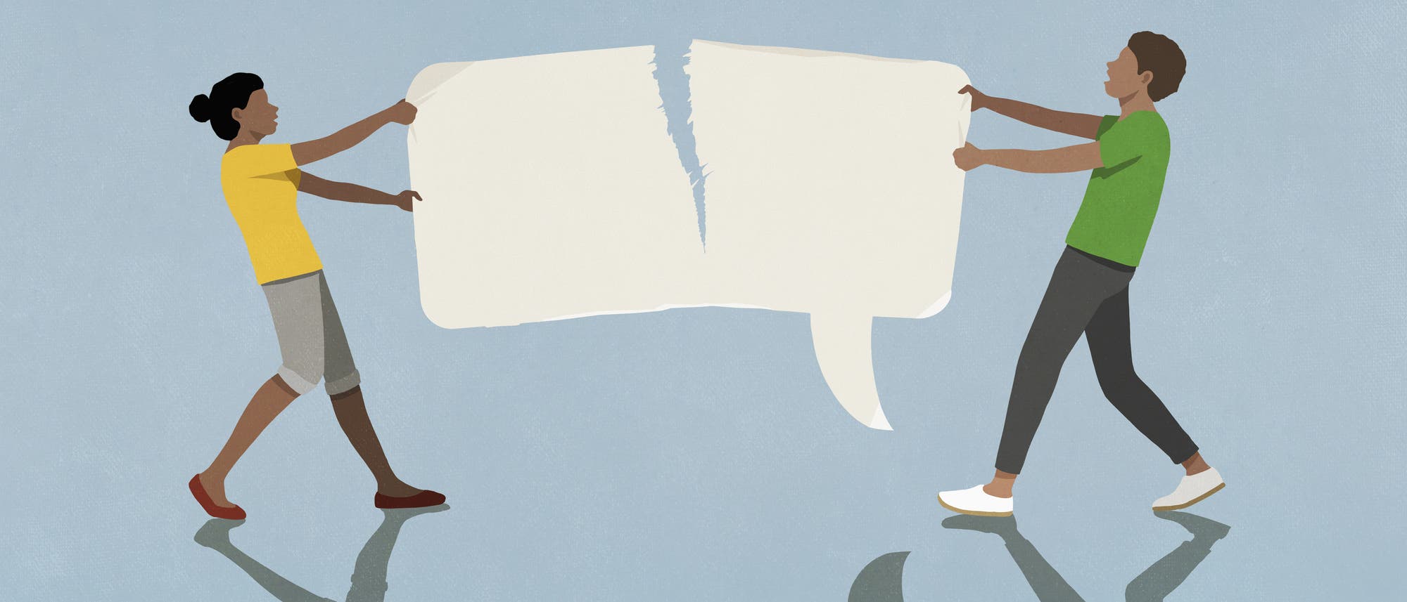 Zwei Personen stehen sich gegenüber und halten jeweils eine Hälfte einer zerreißenden Sprechblase. Der Hintergrund ist blau. Die Szene symbolisiert Kommunikation und Konflikt.