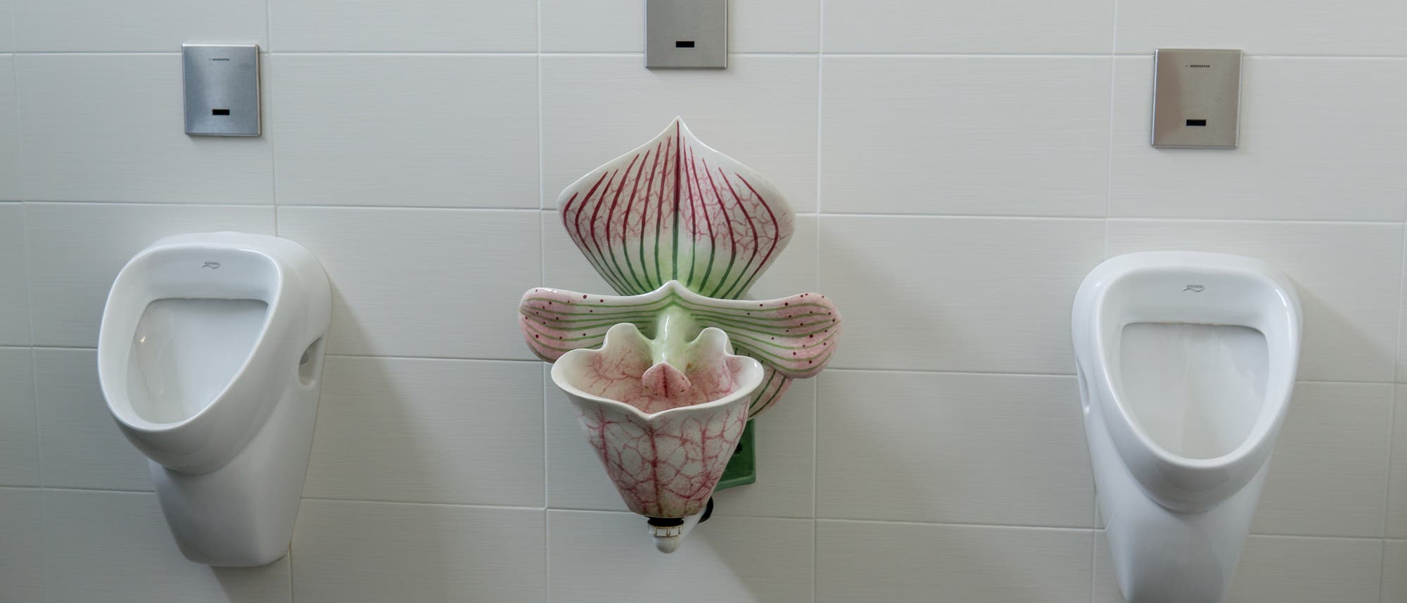 Drei Urinale an einer gefliesten Wand. Das mittlere Urinal ist künstlerisch gestaltet und sieht aus wie eine Orchidee mit grünen und rosa Blütenblättern. Die beiden äußeren Urinale sind standardmäßig weiß. Oberhalb jedes Urinals befindet sich ein rechteckiger Sensor.