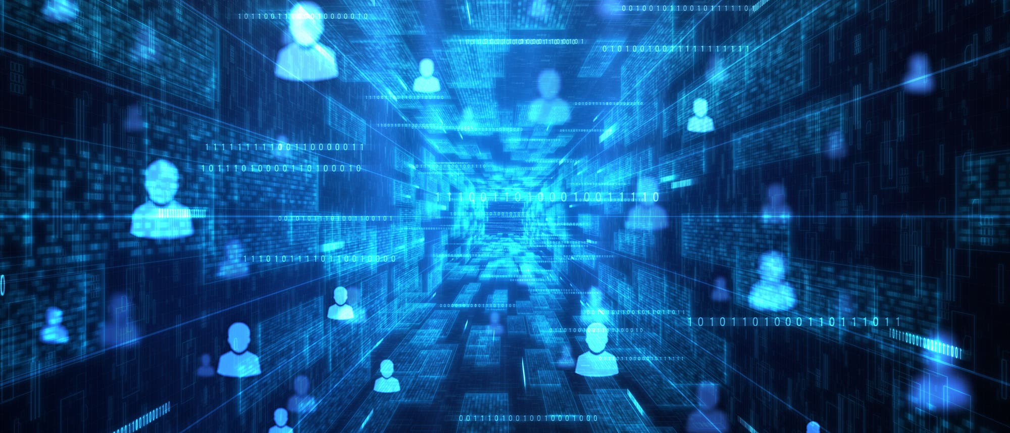 Eine 3-D-Darstellung eines digitalen Netzwerks, das einen Tunnel aus blauen, leuchtenden Datenströmen zeigt. Über den Datenströmen sind schematische Symbole von Personen verteilt, die die Vernetzung von Individuen in einem digitalen Raum symbolisieren. Binärcode und geometrische Muster verstärken den Eindruck von Technologie und Datenfluss. Eine 3-D-Darstellung eines digitalen Netzwerks, das einen Tunnel aus blauen, leuchtenden Datenströmen zeigt. Über den Datenströmen sind schematische Symbole von Personen verteilt, die die Vernetzung von Individuen in einem digitalen Raum symbolisieren. Binärcode und geometrische Muster verstärken den Eindruck von Technologie und Datenfluss.