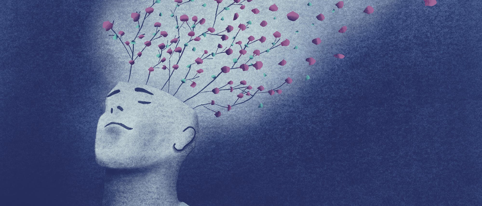 Eine künstlerische Illustration zeigt einen stilisierten Kopf mit geschlossenen Augen, aus dem blühende Zweige mit rosa Blüten wachsen. Die Zweige scheinen aus dem Kopf zu sprießen und sich nach oben und außen zu erstrecken, was Kreativität und Gedankenfluss symbolisiert. Der Hintergrund ist in verschiedenen Blautönen gehalten, was eine ruhige und nachdenkliche Atmosphäre schafft. Eine künstlerische Illustration zeigt einen stilisierten Kopf mit geschlossenen Augen, aus dem blühende Zweige mit rosa Blüten wachsen. Die Zweige scheinen aus dem Kopf zu sprießen und sich nach oben und außen zu erstrecken, was Kreativität und Gedankenfluss symbolisiert. Der Hintergrund ist in verschiedenen Blautönen gehalten, was eine ruhige und nachdenkliche Atmosphäre schafft.
