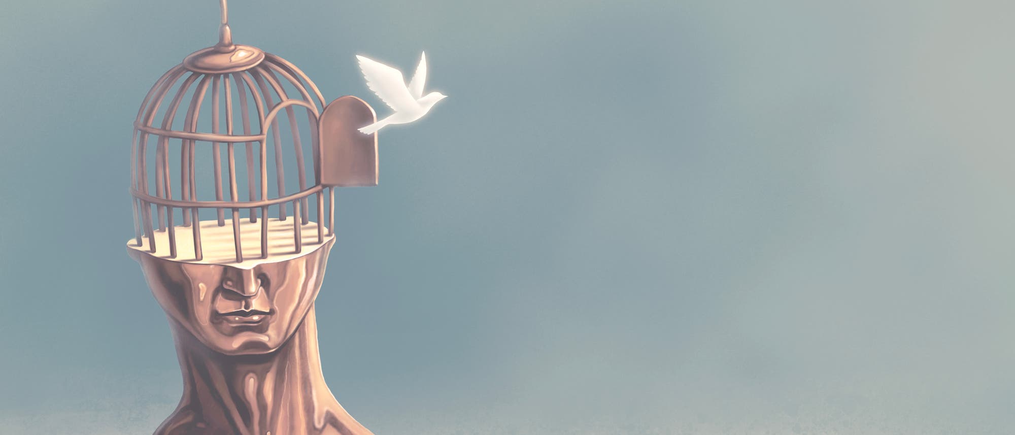 Eine künstlerische Darstellung eines menschlichen Kopfes, der als Vogelkäfig gestaltet ist. Der Käfig ist geöffnet, und ein weißer Vogel fliegt heraus. Der Hintergrund ist in sanften Grautönen gehalten, was die Szene ruhig und nachdenklich wirken lässt. Das Bild symbolisiert Freiheit und Befreiung des Geistes. Eine künstlerische Darstellung eines menschlichen Kopfes, der als Vogelkäfig gestaltet ist. Der Käfig ist geöffnet, und ein weißer Vogel fliegt heraus. Der Hintergrund ist in sanften Grautönen gehalten, was die Szene ruhig und nachdenklich wirken lässt. Das Bild symbolisiert Freiheit und Befreiung des Geistes.