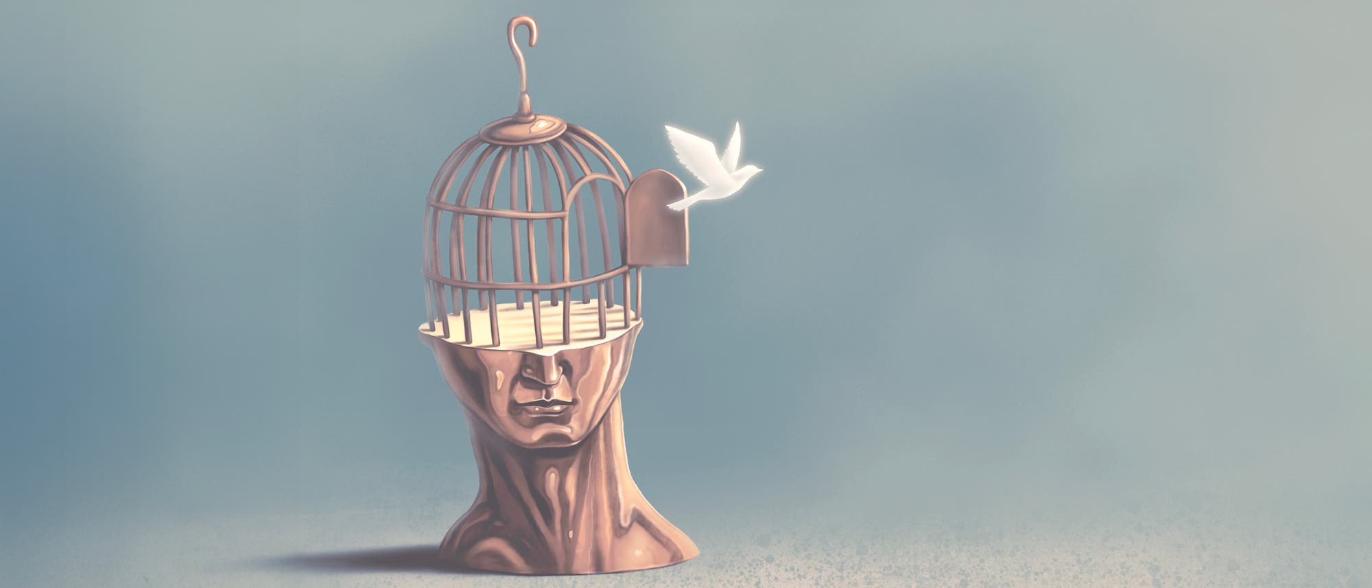 Eine künstlerische Darstellung eines menschlichen Kopfes, der in einen Vogelkäfig verwandelt ist. Der Käfig ist oben geöffnet, und ein weißer Vogel fliegt heraus. Der Hintergrund ist in sanften Blautönen gehalten, was eine ruhige und nachdenkliche Atmosphäre schafft. Das Bild symbolisiert Freiheit und Entfaltung des Geistes.