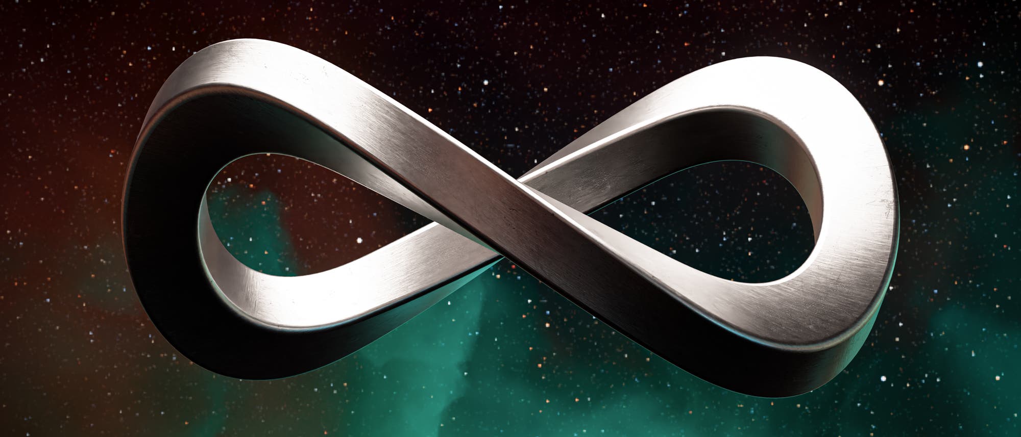 Eine 3D-Darstellung eines metallischen Möbiusbandes, das vor einem Hintergrund aus Sternen und grünlichen Nebelstrukturen schwebt. Die Oberfläche des Bandes reflektiert das Licht, wodurch ein glänzender Effekt entsteht. Der Hintergrund vermittelt den Eindruck von Tiefe und Weite des Weltraums. Eine 3D-Darstellung eines metallischen Möbiusbandes, das vor einem Hintergrund aus Sternen und grünlichen Nebelstrukturen schwebt. Die Oberfläche des Bandes reflektiert das Licht, wodurch ein glänzender Effekt entsteht. Der Hintergrund vermittelt den Eindruck von Tiefe und Weite des Weltraums.