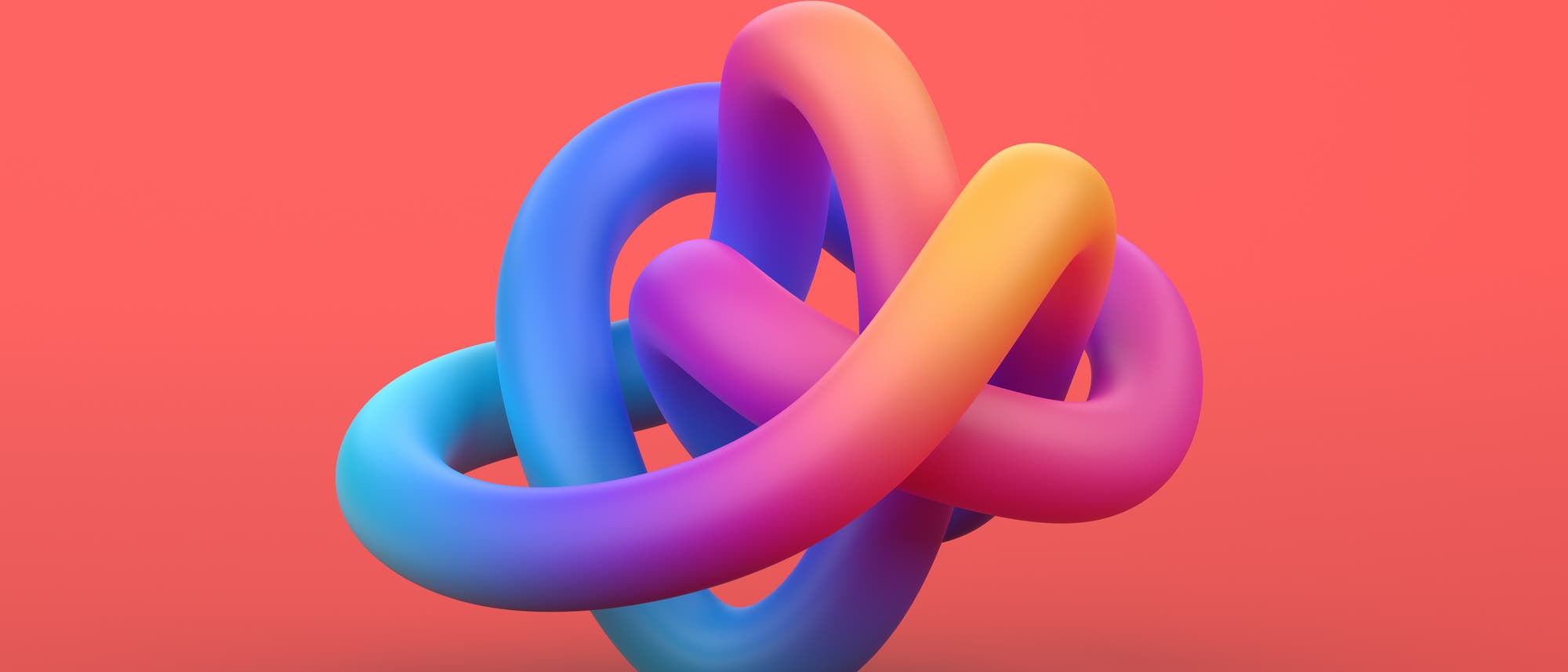 Ein dreidimensionales, ineinander verschlungenes Band in leuchtenden Regenbogenfarben, das von Blau über Lila bis zu Gelb und Orange verläuft. Das Band bildet eine komplexe Knotenstruktur vor einem einfarbigen, korallenroten Hintergrund. Die glatte Oberfläche des Bandes reflektiert leicht das Licht, was dem Bild eine moderne und abstrakte Ästhetik verleiht. Ein dreidimensionales, ineinander verschlungenes Band in leuchtenden Regenbogenfarben, das von Blau über Lila bis zu Gelb und Orange verläuft. Das Band bildet eine komplexe Knotenstruktur vor einem einfarbigen, korallenroten Hintergrund. Die glatte Oberfläche des Bandes reflektiert leicht das Licht, was dem Bild eine moderne und abstrakte Ästhetik verleiht.