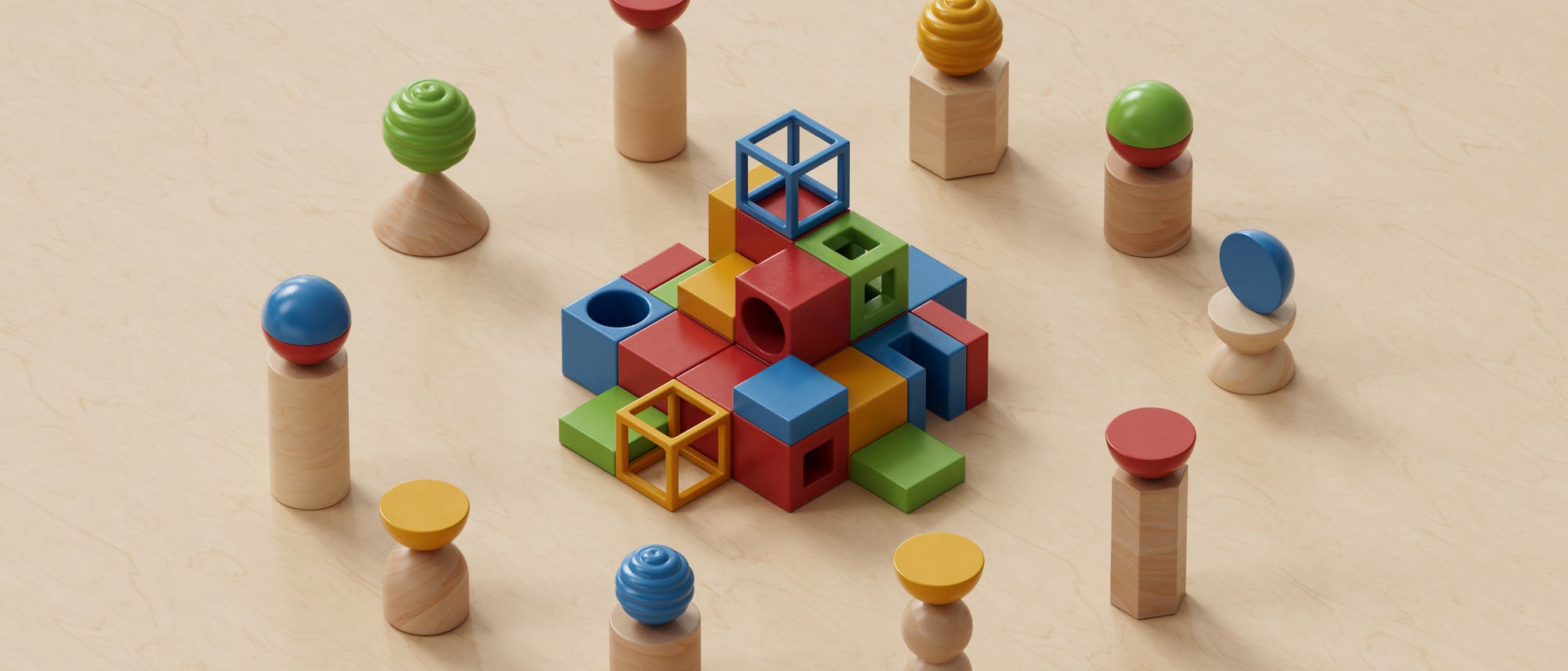 Eine 3D-Darstellung zeigt eine Anordnung von bunten geometrischen Holzblöcken in der Mitte, umgeben von verschiedenen Holzfiguren mit farbigen Kugeln und Scheiben auf der Oberseite. Die Blöcke sind in Rot, Blau, Grün und Gelb gehalten und bilden eine komplexe Struktur. Die Figuren sind gleichmäßig um die Blöcke herum platziert und variieren in Form und Farbe. Die Szene ist auf einem hellen, holzähnlichen Hintergrund dargestellt. Eine 3D-Darstellung zeigt eine Anordnung von bunten geometrischen Holzblöcken in der Mitte, umgeben von verschiedenen Holzfiguren mit farbigen Kugeln und Scheiben auf der Oberseite. Die Blöcke sind in Rot, Blau, Grün und Gelb gehalten und bilden eine komplexe Struktur. Die Figuren sind gleichmäßig um die Blöcke herum platziert und variieren in Form und Farbe. Die Szene ist auf einem hellen, holzähnlichen Hintergrund dargestellt.