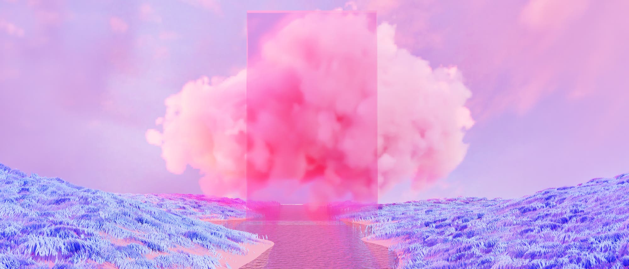 Eine surreale Szene zeigt eine Landschaft mit violettem Gras und einem Fluss, der in der Mitte verl&auml;uft. Im Hintergrund erhebt sich eine gro&szlig;e, rosa Wolke, davor wie eine T&uuml;r ein transparenter, rechteckiger Rahmen. Der Himmel ist in Pastellt&ouml;nen gehalten, was eine traum&auml;hnliche Atmosph&auml;re erzeugt.