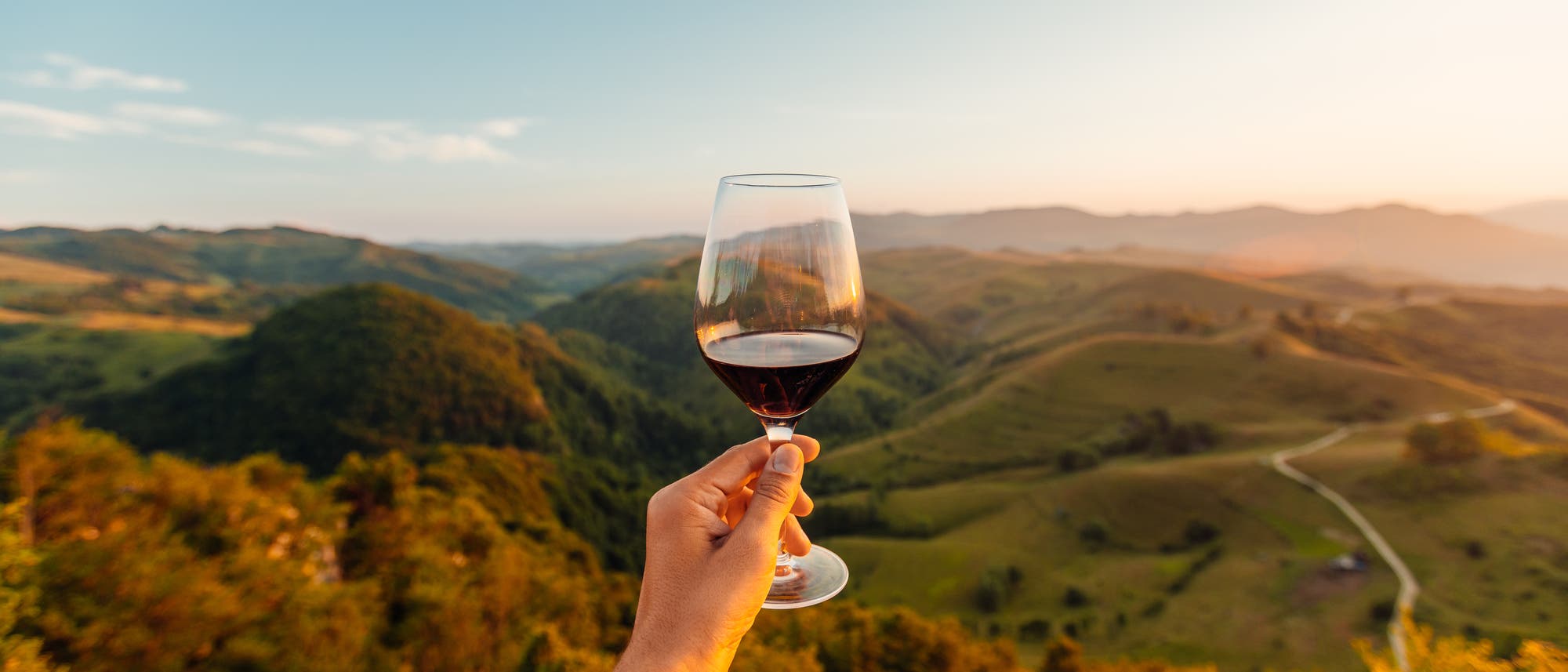Eine Hand hält ein Weinglas mit Rotwein vor einer malerischen Landschaft aus grünen Hügeln und einem klaren Himmel bei Sonnenuntergang. Die Szene vermittelt Ruhe und Genuss in der Natur. Eine Hand hält ein Weinglas mit Rotwein vor einer malerischen Landschaft aus grünen Hügeln und einem klaren Himmel bei Sonnenuntergang. Die Szene vermittelt Ruhe und Genuss in der Natur.
