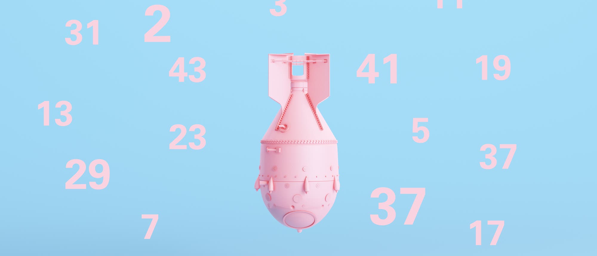 Eine rosa Kernwaffe auf blauem Hintergrund mit rosa Primzahlen um sie herum