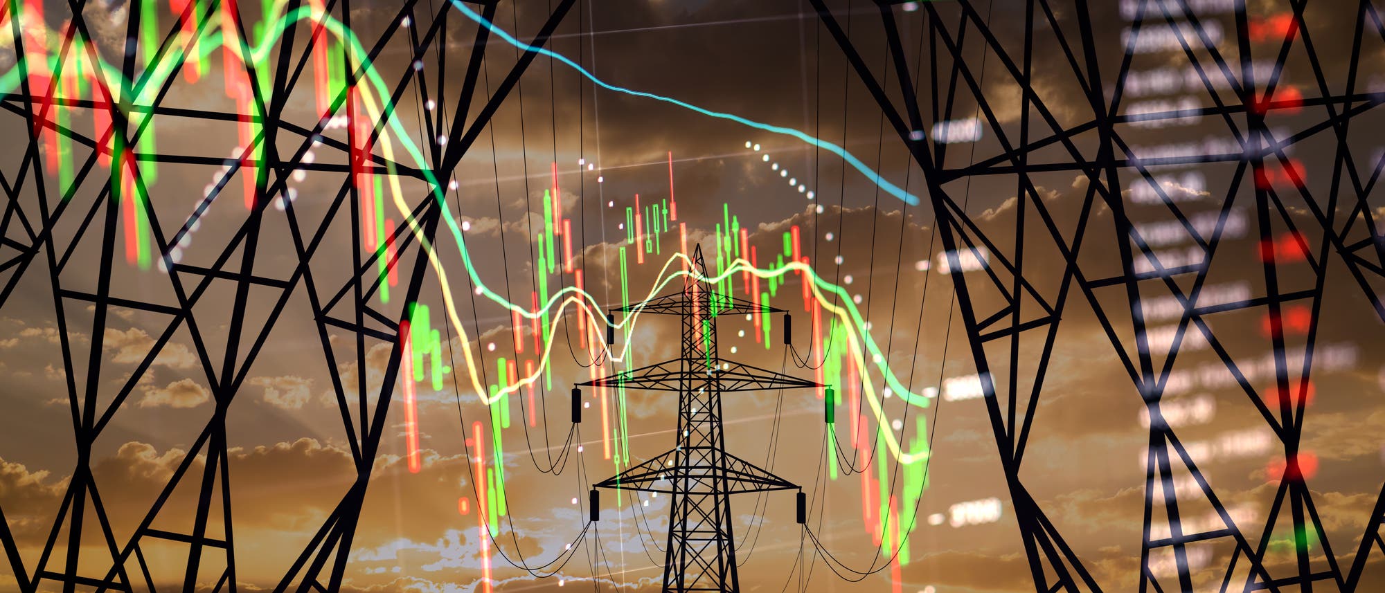 Ein Strommast vor einem Sonnenuntergang, überlagert mit Finanzdiagrammen und Aktienkursen. Die Linien und Balken der Diagramme sind in verschiedenen Farben wie Rot, Grün und Blau dargestellt, was auf Marktbewegungen hinweist. Im Hintergrund sind die Silhouetten von Stromleitungen zu sehen, die den Zusammenhang zwischen Energie und Wirtschaft symbolisieren.