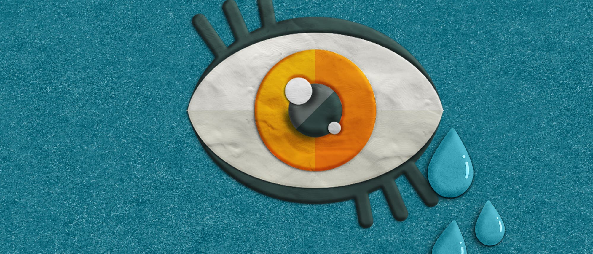Eine Illustration eines stilisierten Auges auf blauem Hintergrund. Das Auge besteht aus einem wei&szlig;en Oval mit einem orangefarbenen Kreis in der Mitte, der von einem grauen Ring umgeben ist. Drei blaue Tropfen befinden sich rechts vom Auge, was den Eindruck von Tr&auml;nen erweckt. Die Textur des Hintergrunds und der Elemente erinnert an Papiercollagen.