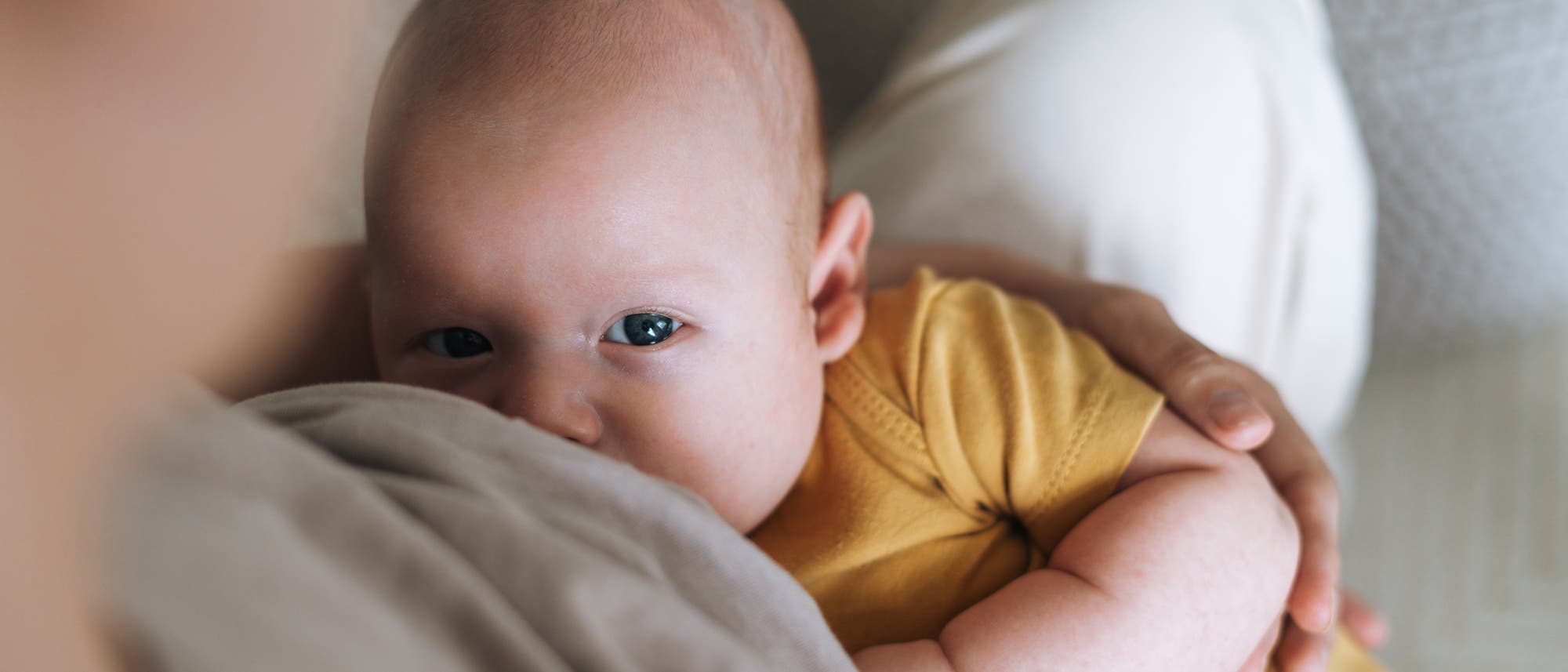 Eine Frau h&auml;lt ein Baby im linken Arm und stillt es. Das Baby schaut aufmerksam in die Kamera.