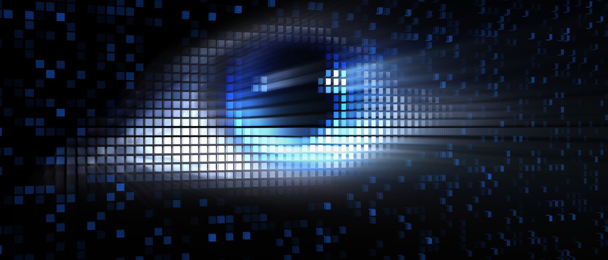 Eine digitale Kunstabbildung zeigt ein stilisiertes Auge, das aus zahlreichen kleinen, blauen und wei&szlig;en Pixeln besteht. Die Pixel sind in einem Raster angeordnet und erzeugen einen leuchtenden Effekt, der das Auge hervorhebt. Der Hintergrund ist dunkel, wodurch das Auge im Zentrum der Komposition steht. Die Darstellung vermittelt ein Gef&uuml;hl von Technologie und digitaler Wahrnehmung.