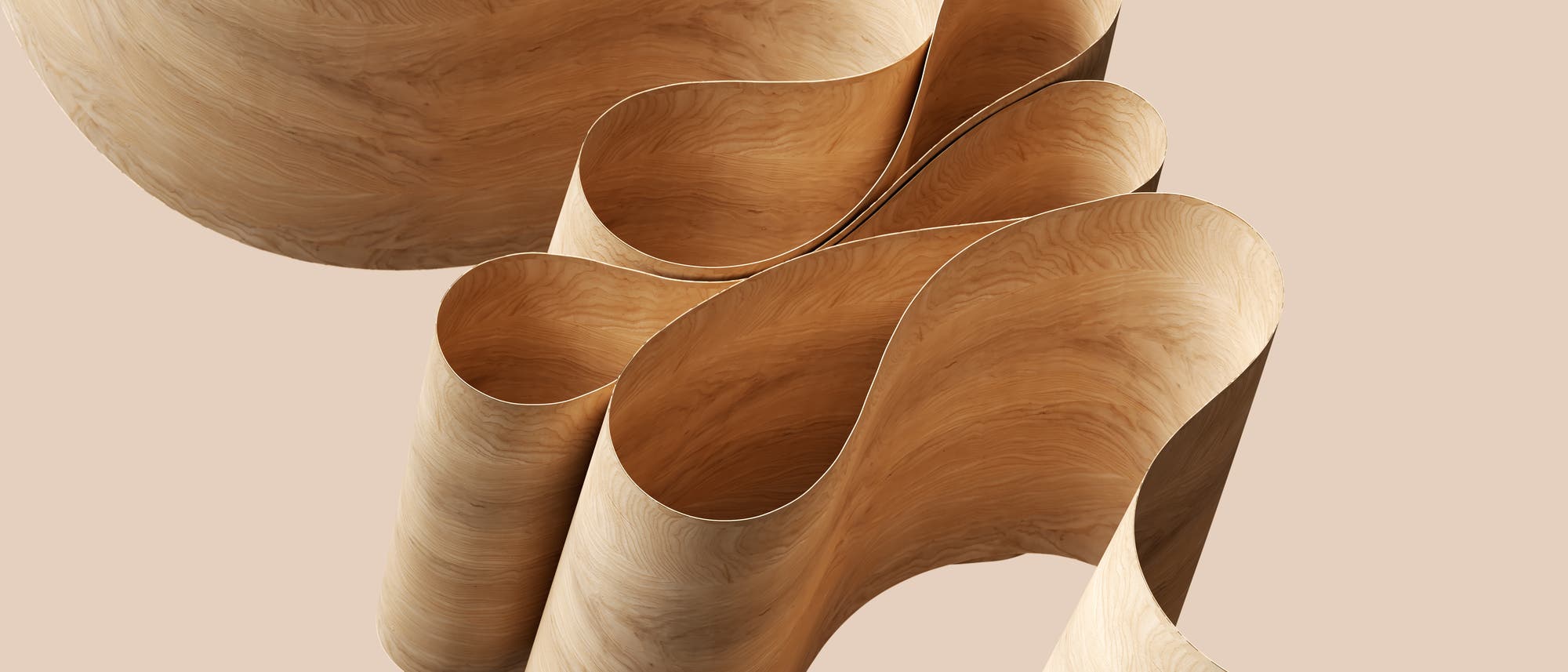 Ein feines Band aus geschwungenem Holz, das in fließenden, wellenartigen Formen liegt. Die Oberfläche des Holzes zeigt eine natürliche Maserung, die den organischen Charakter der Skulptur betont. Der Hintergrund ist einfarbig beige, was die geschwungenen Linien und die Textur des Holzes hervorhebt. Ein feines Band aus geschwungenem Holz, das in fließenden, wellenartigen Formen liegt. Die Oberfläche des Holzes zeigt eine natürliche Maserung, die den organischen Charakter der Skulptur betont. Der Hintergrund ist einfarbig beige, was die geschwungenen Linien und die Textur des Holzes hervorhebt.