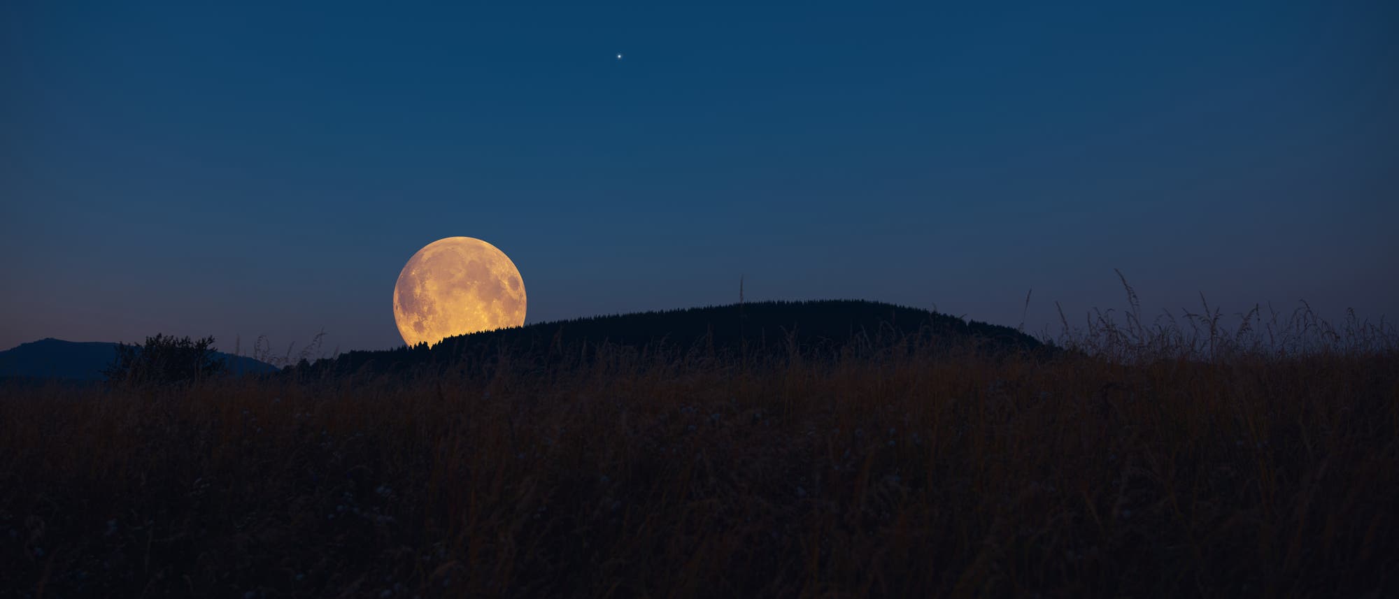 Vollmond direkt am Horizont über sanften Hügeln.