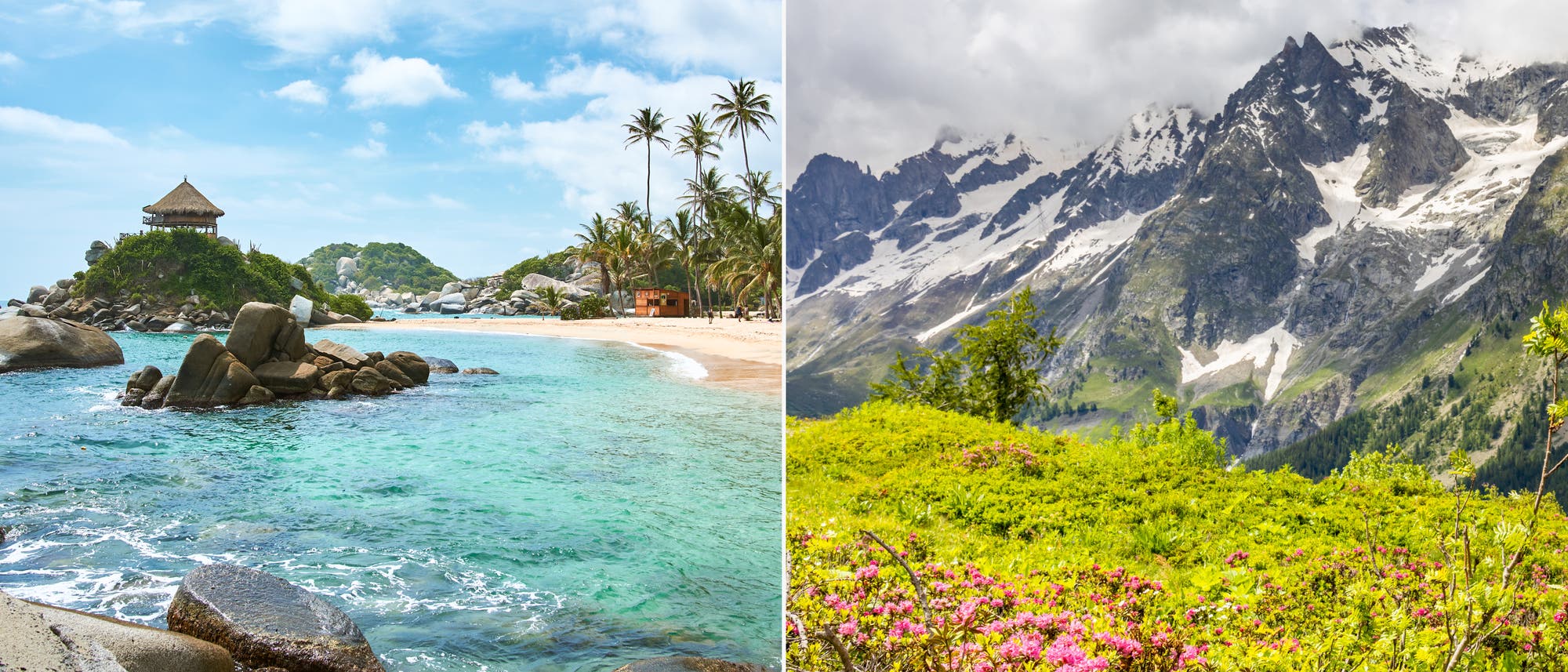 Zwei Landschaftsbilder nebeneinander: links eine tropische Küste bei Sonnenuntergang auf Hawaii mit Palmen und schwarzem Lavagestein, umgeben von sanften Wellen; rechts ein majestätischer Berg im Milford Sound, Neuseeland, beleuchtet von der Abendsonne, mit einem ruhigen See im Vordergrund, der die Szene spiegelt. Beide Bilder sind mit "Getty Images" gekennzeichnet. Zwei Landschaftsbilder nebeneinander: links eine tropische Küste bei Sonnenuntergang auf Hawaii mit Palmen und schwarzem Lavagestein, umgeben von sanften Wellen; rechts ein majestätischer Berg im Milford Sound, Neuseeland, beleuchtet von der Abendsonne, mit einem ruhigen See im Vordergrund, der die Szene spiegelt. Beide Bilder sind mit "Getty Images" gekennzeichnet.